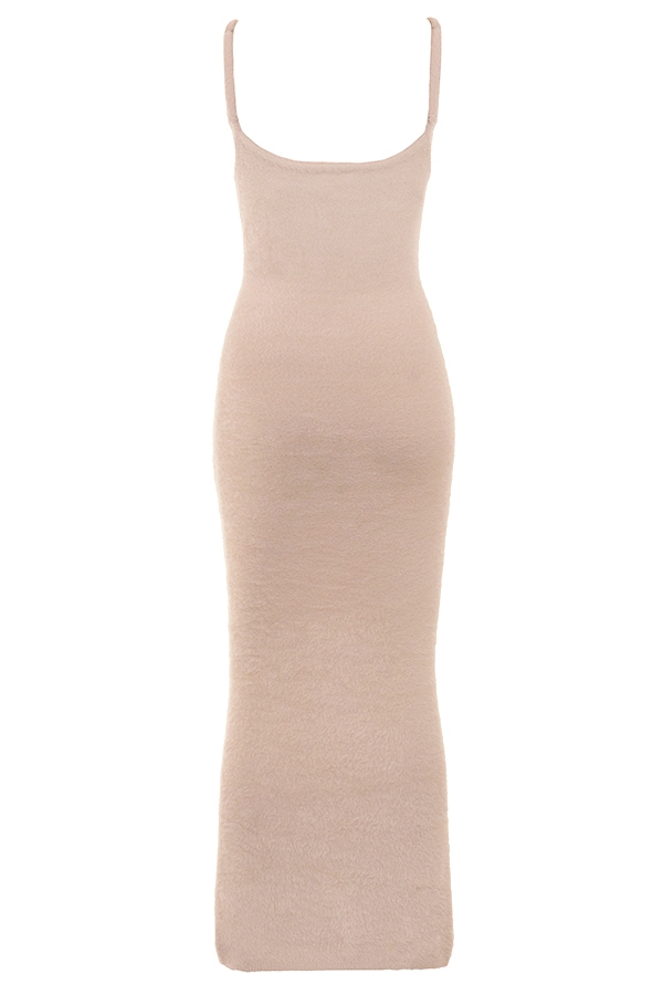 Beige Soft Fluffy Knit Maxi Dress