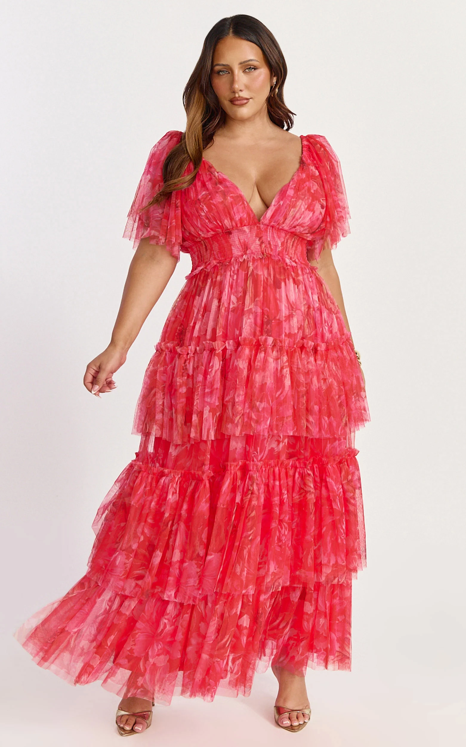 Leianna Midi Dress - Tulle Flutter Sleeve Tiered Ruffle Dress in Sunset Floral