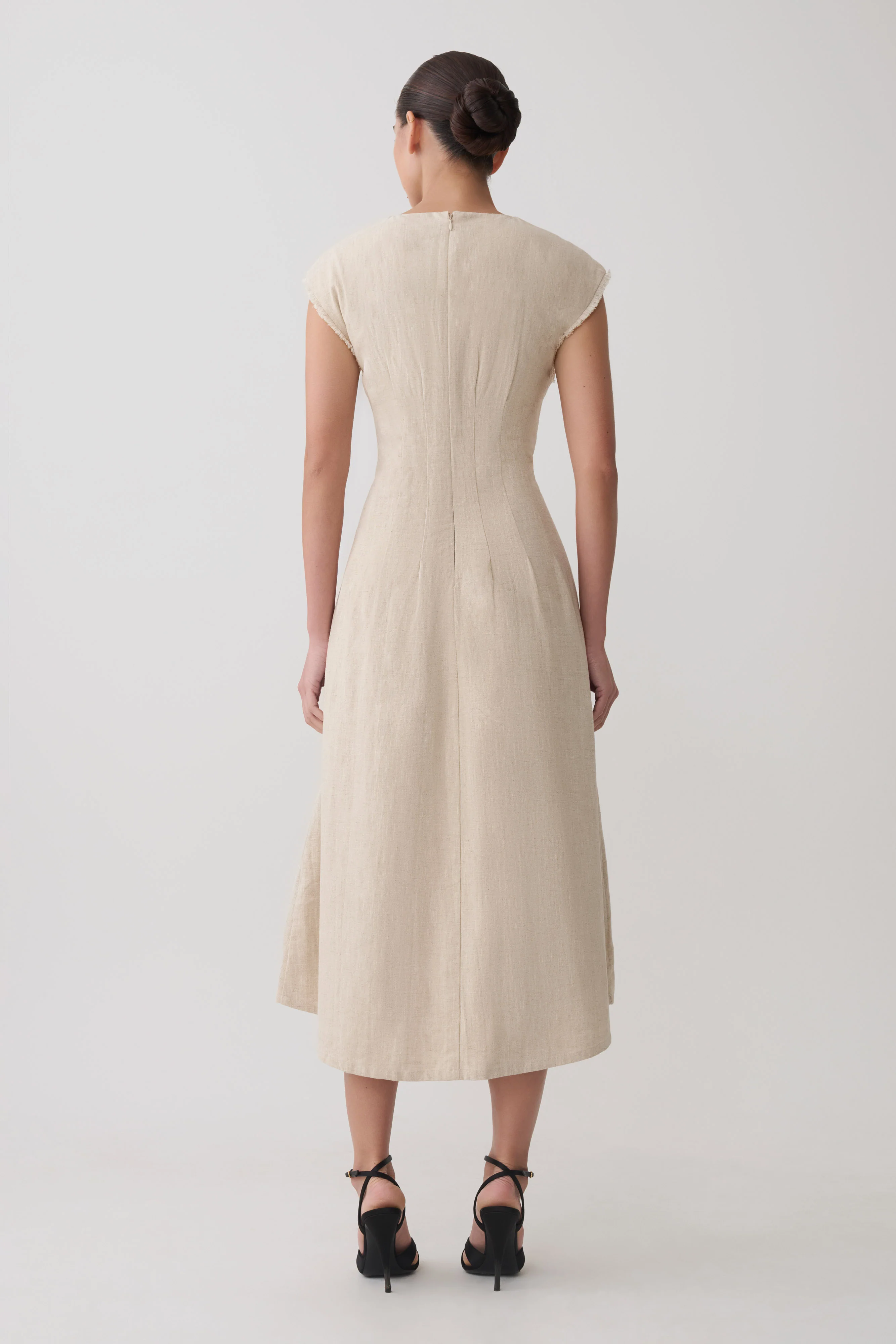 Zinia Linen Cap Sleeve Midi Dress - Natural
