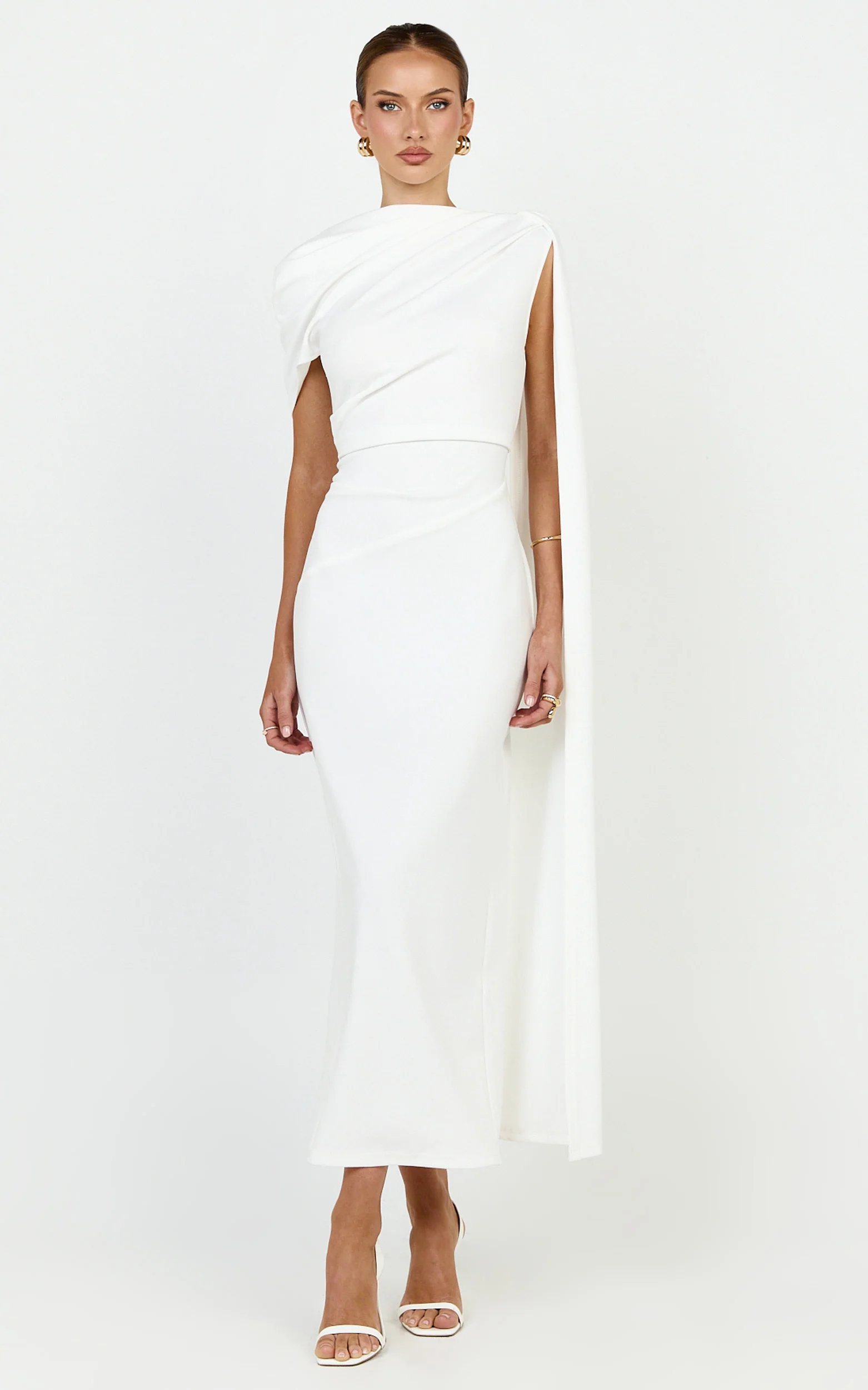Visenta Midi Dress - Asymmetrical Sleeve Dress in White
