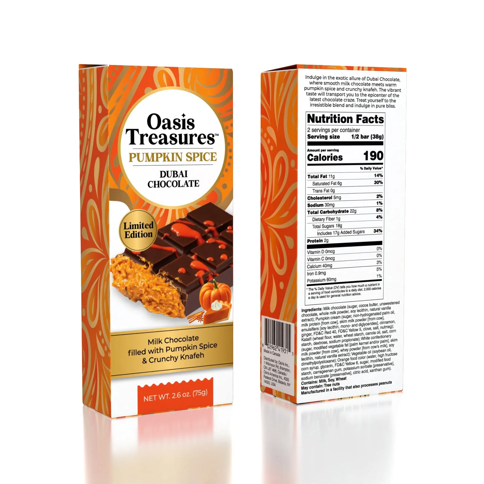 Dubai Chocolate Bar Limited Edition Pumpkin Spice by Oasis Treasures 75g (2.65oz)