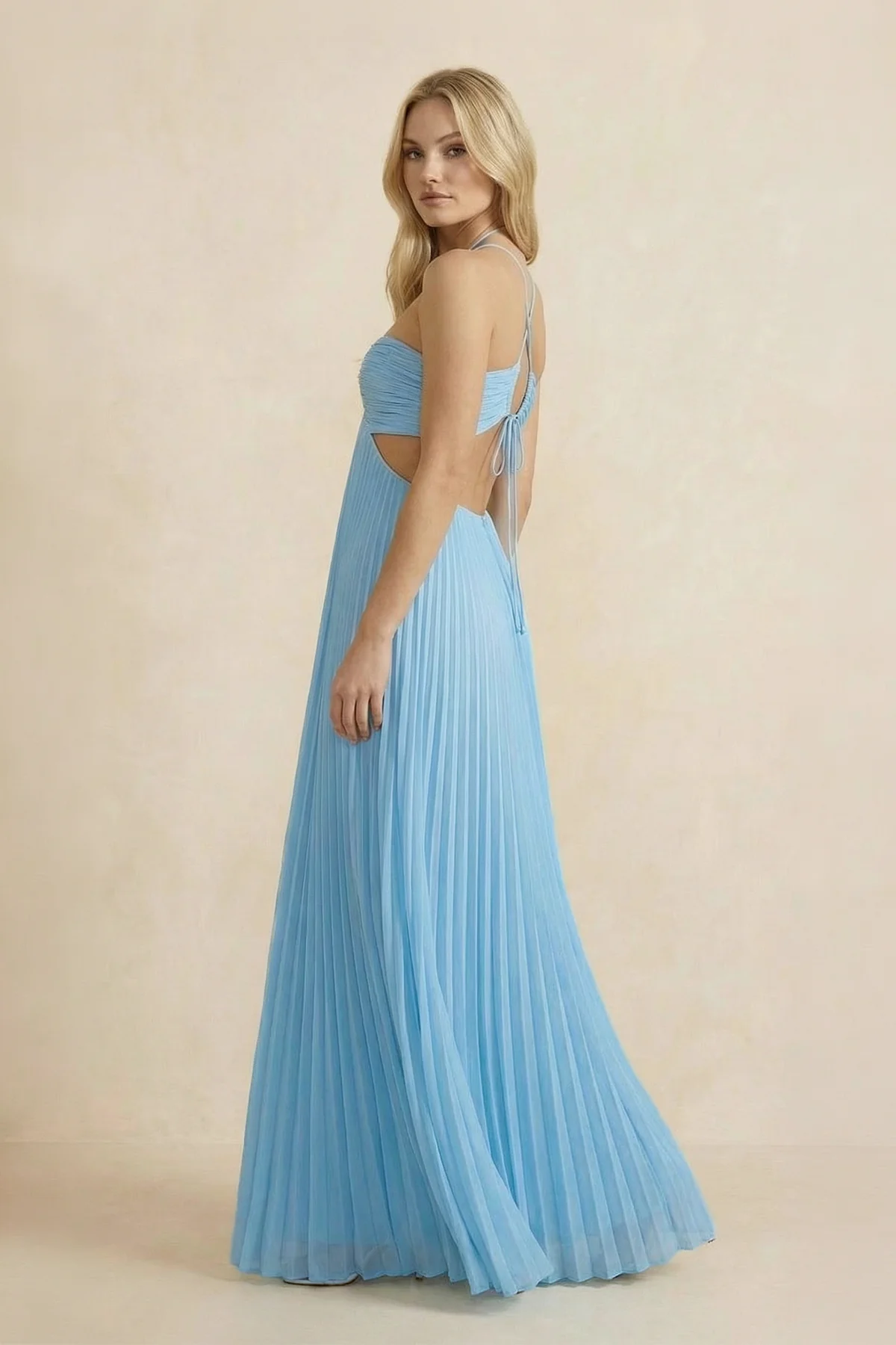 Halter Pleated Maxi Dress With Cutout in Sky Blue - luluinthesky