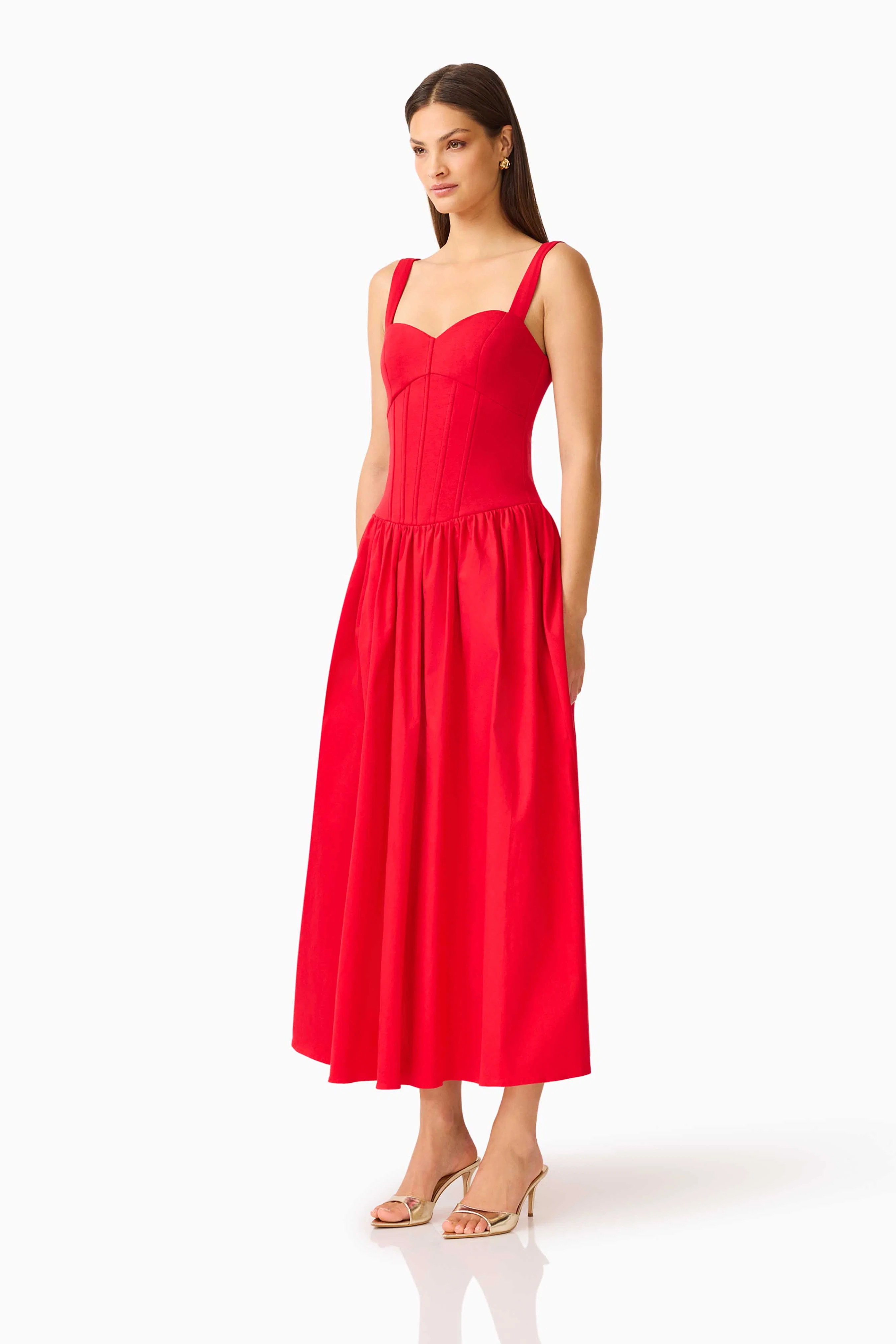 CURAAE Aris Sweetheart Midi Dress in Red