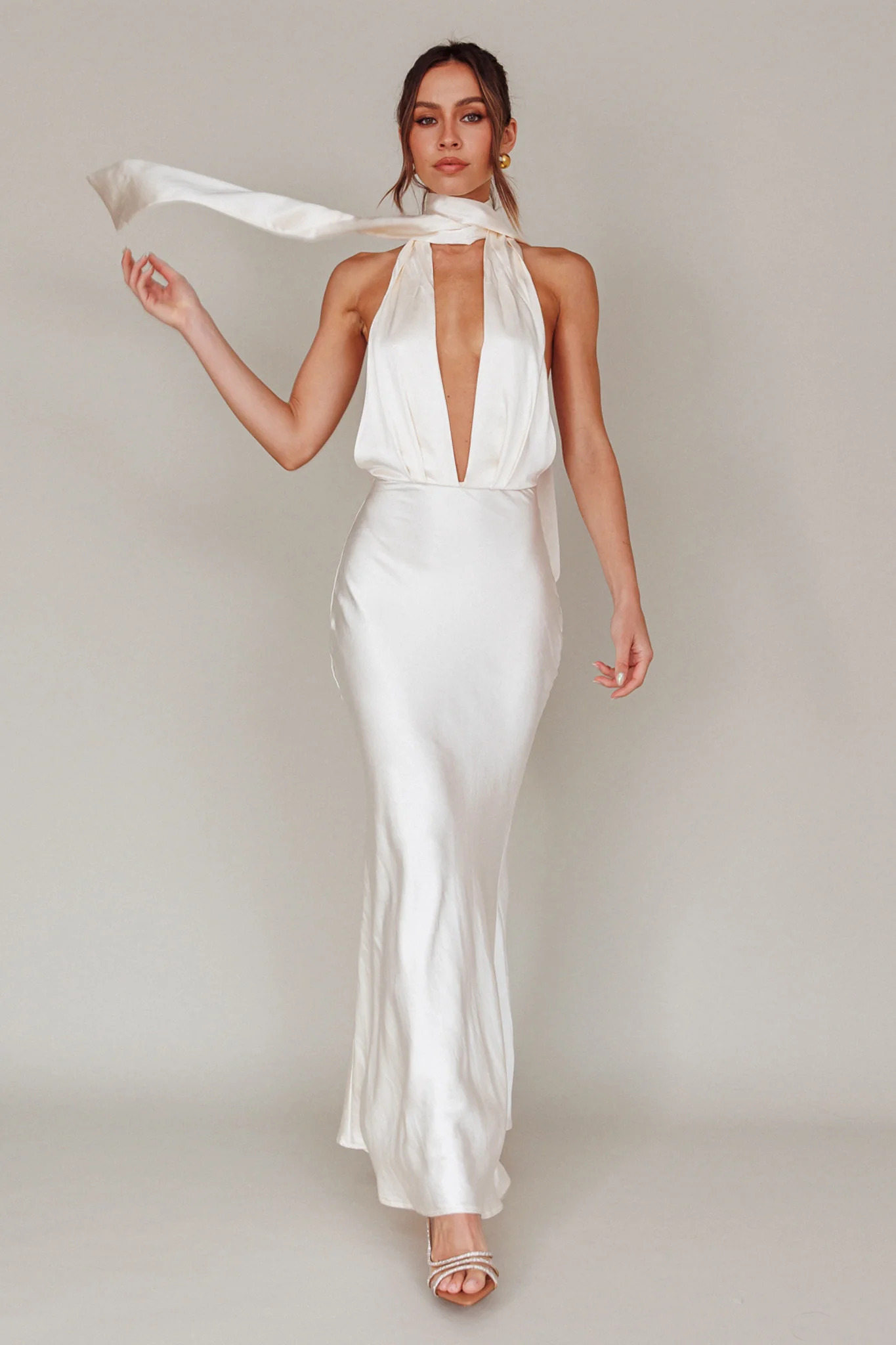 Italia Azure Halterneck Maxi Dress Oyster