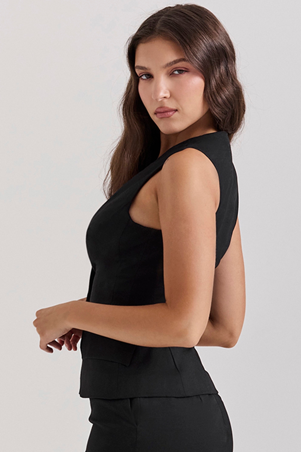 Black Sleeveless Tuxedo Top