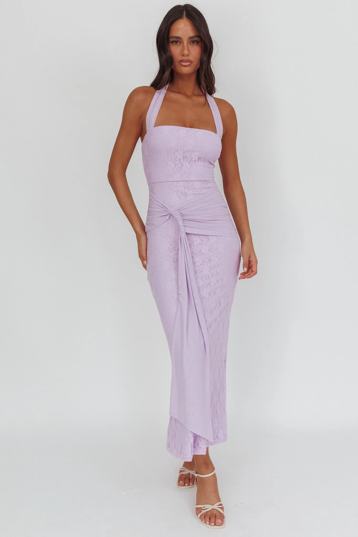 Luli Waist Sash Halter Maxi Dress Lace Lilac