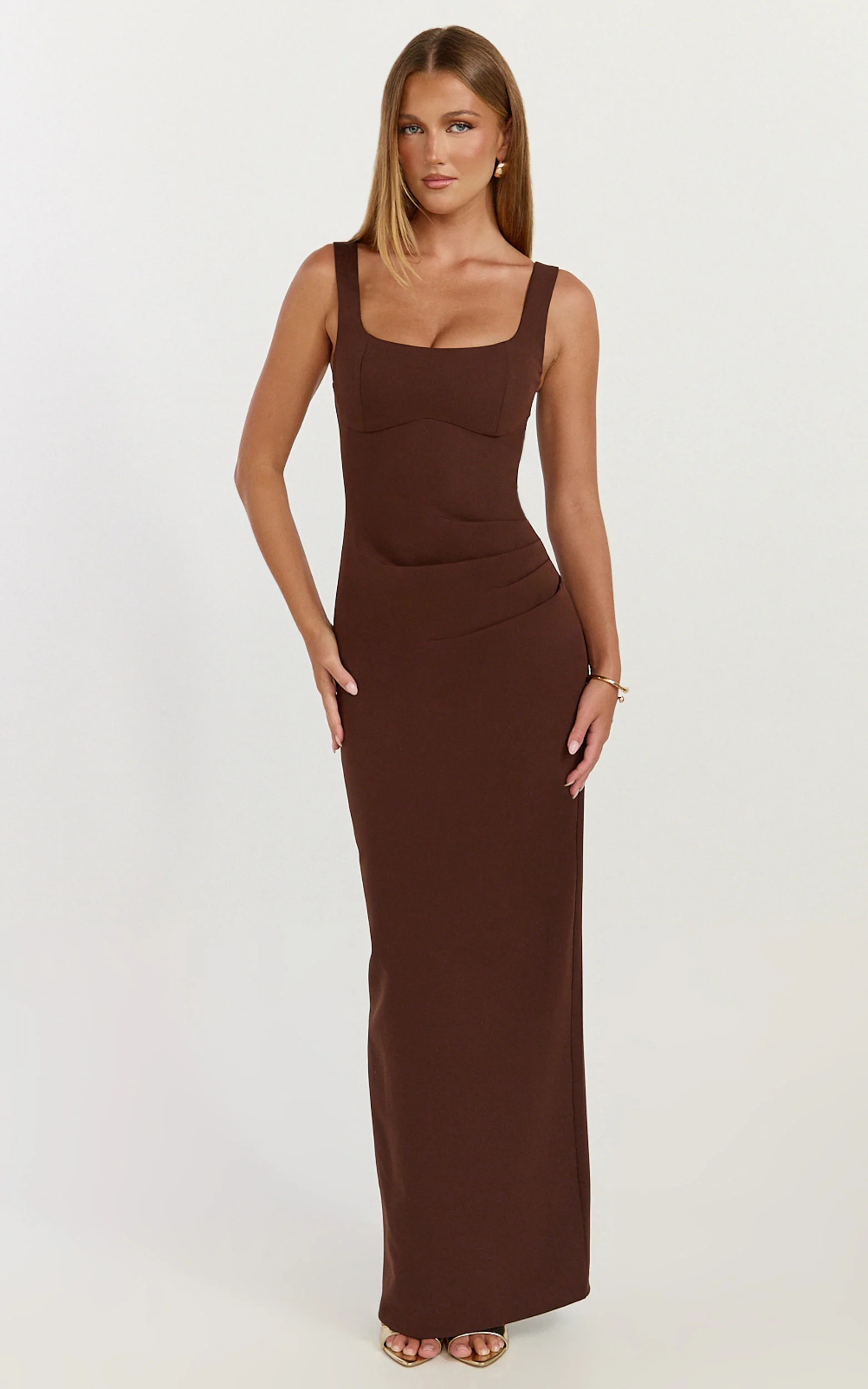 Stormi Maxi Dress - Balconette Bodice Side Split Dress in Chocolate