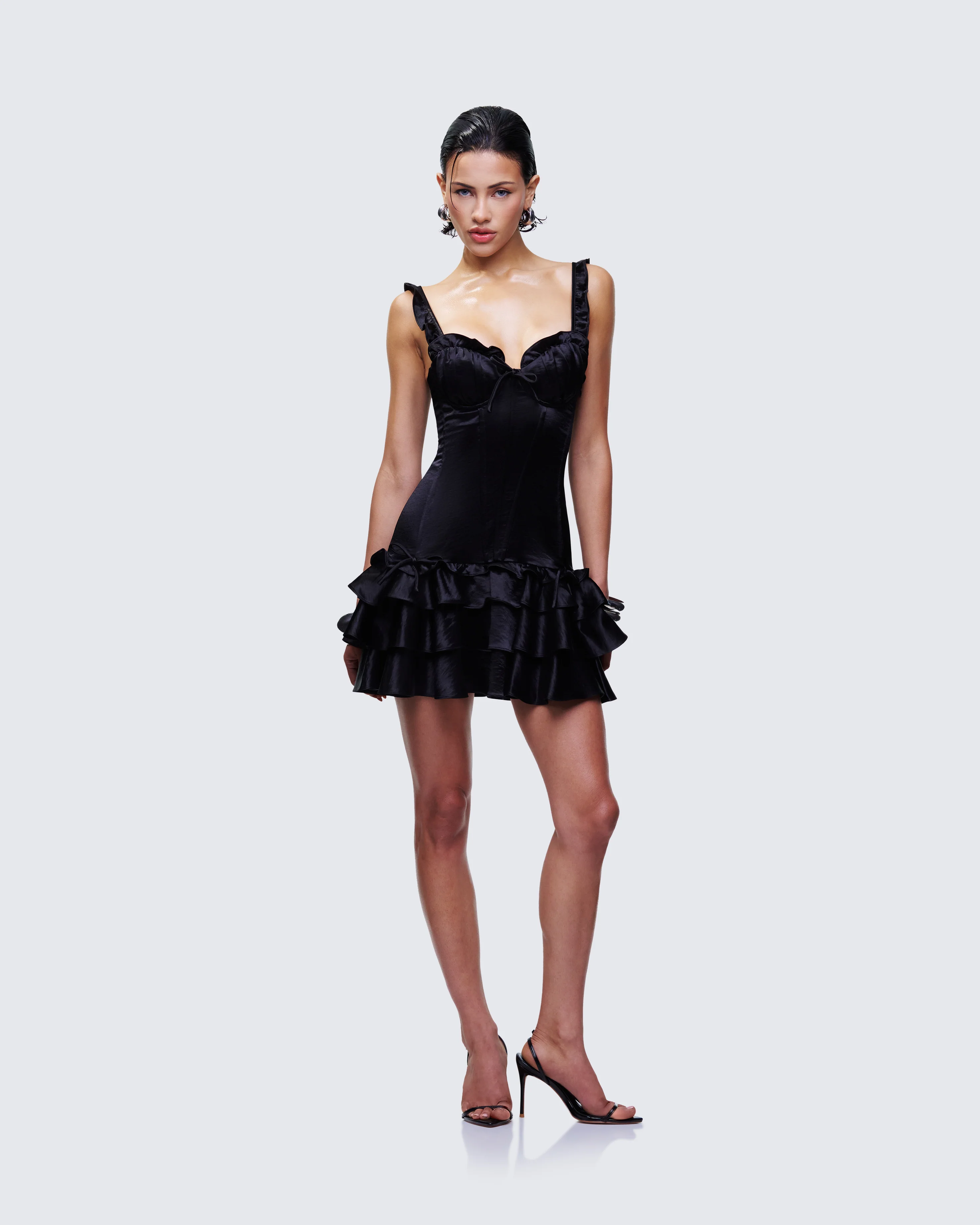 Odelle Black Satin Ruffle Dress