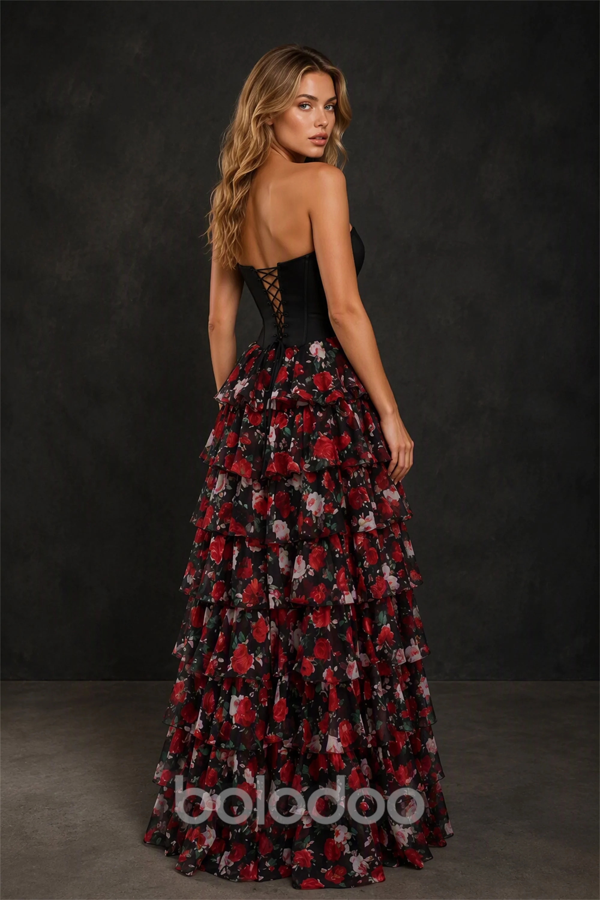 BOLODOO Black Sweetheart Strapless Boned Corset & Rose Floral Print Tiered Ruffle Chiffon A-Line Maxi Gown | Prom & Formal Evening Dress