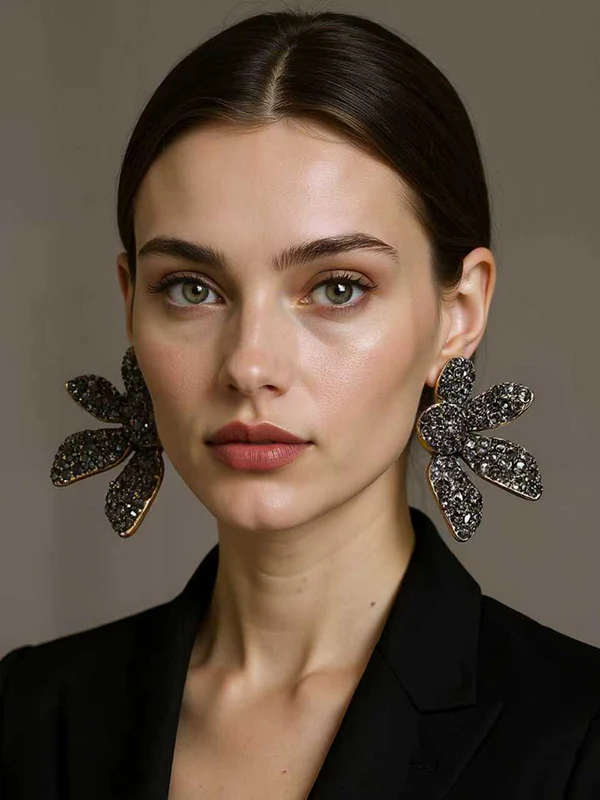 Flower Shape Geometric Rhinestone Shiny Earrings Accessories