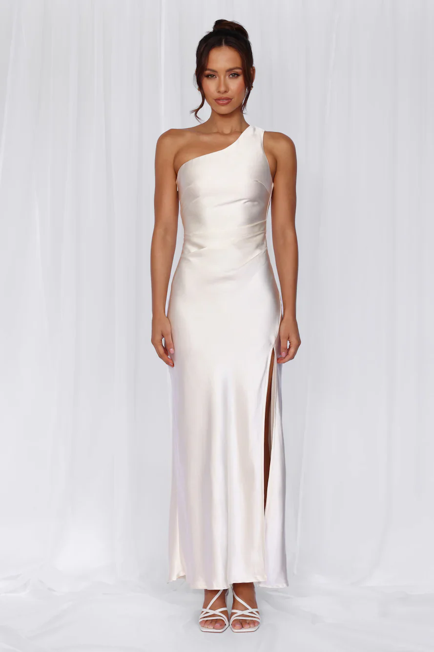 The Aurora One Shoulder Satin Maxi Dress Pearl
