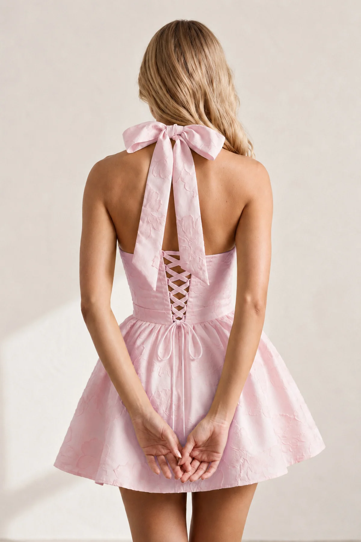 Yellow Halter Jacquard Ruched A-Line Homecoming Dress
