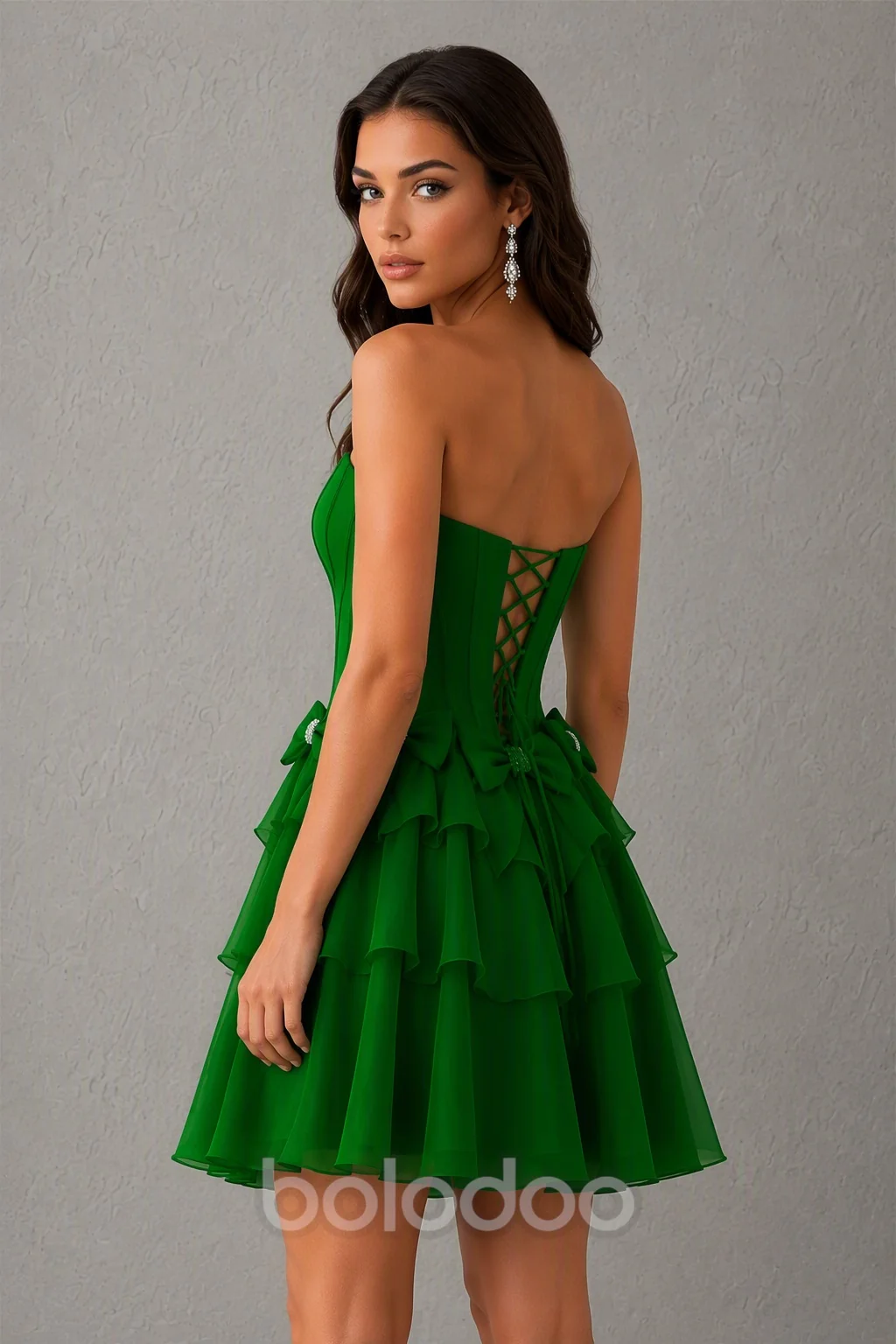 BOLODOO emerald green Organza Bow Corset Strapless Tiered Ruffle Mini Dress – Prom, Homecoming & Cocktail Party Dress
