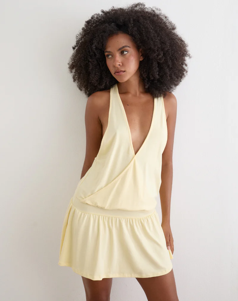 Pippa Plunge Wrap Mini Dress in Lemon