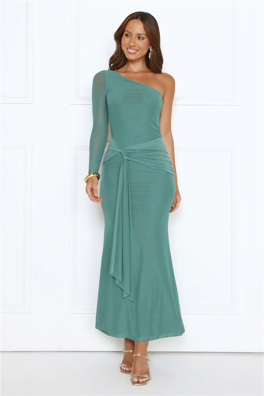 Dressed In Love One Shoulder Mesh Maxi Dress Green