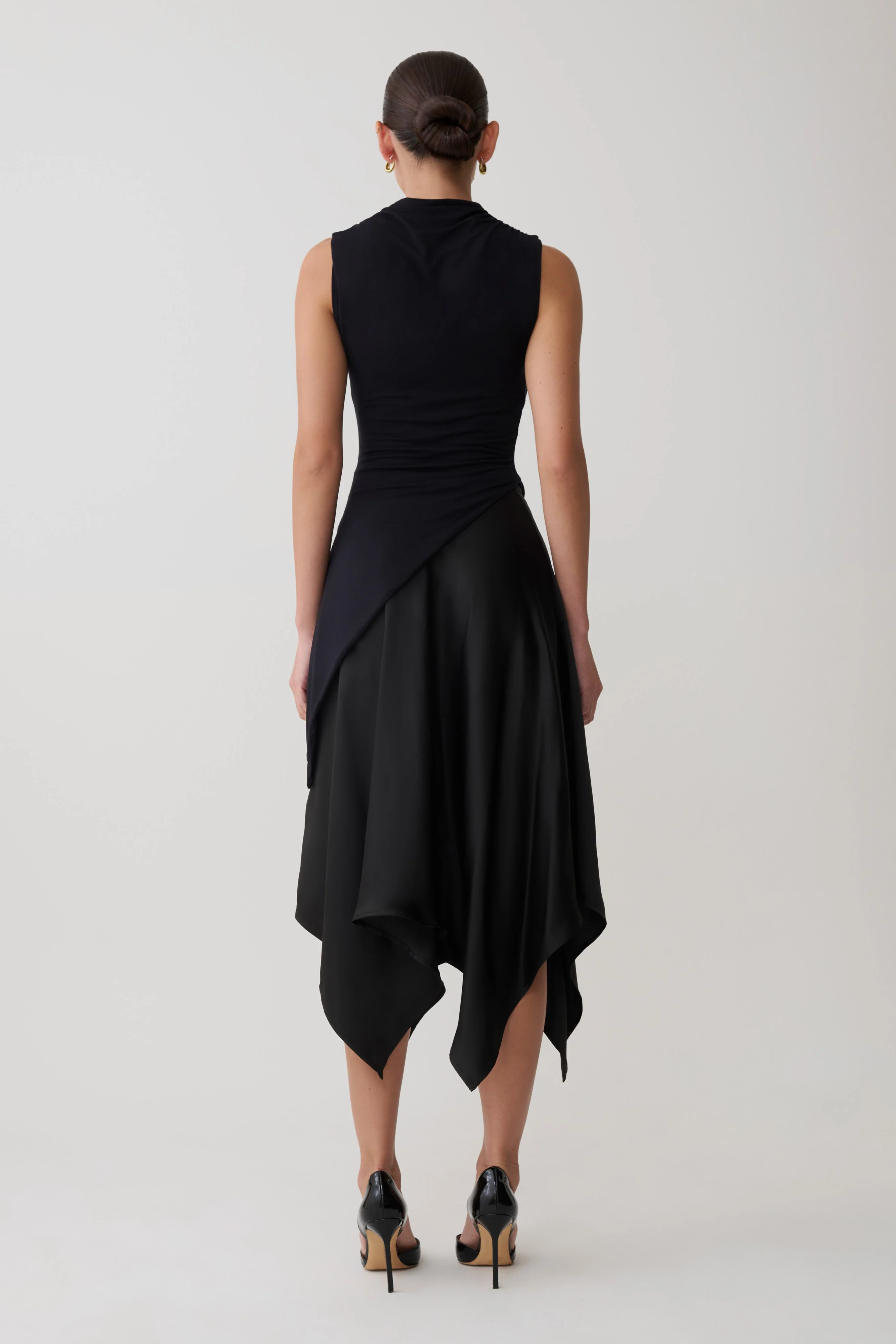 Coralie Asymmetric Satin Midi Skirt - Black