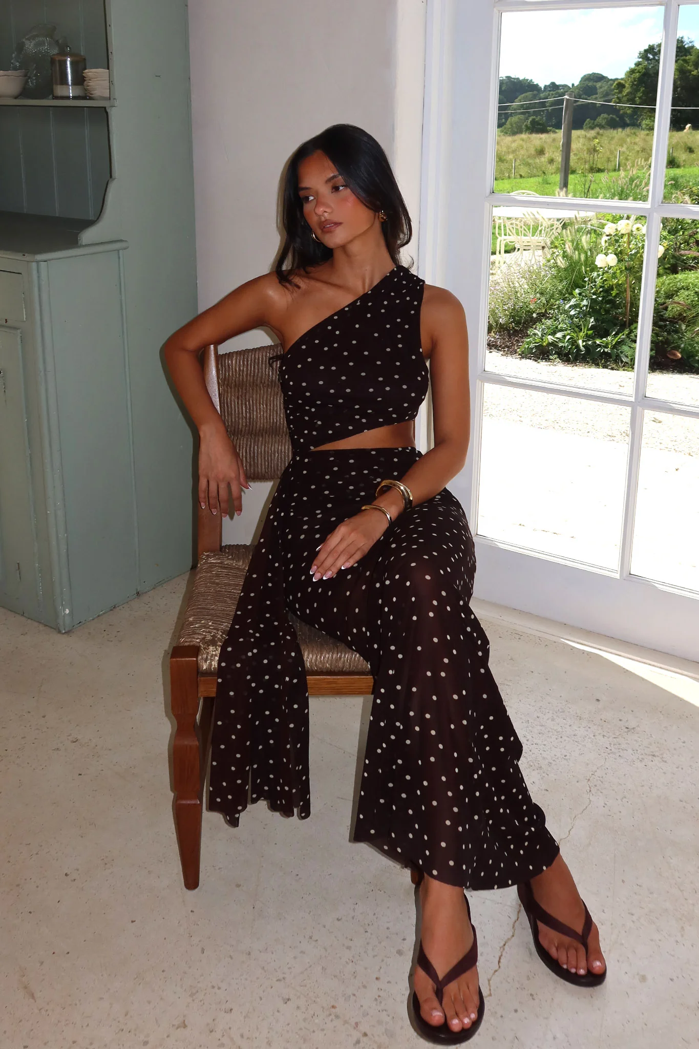 Viela One-Shoulder Cut-Out Maxi Dress Polka Dot Brown