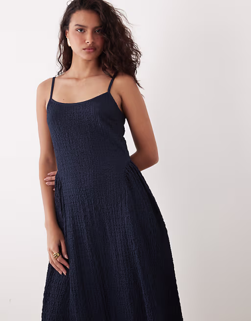 VILA jacquard jersey cami midi dress with waist details in navy