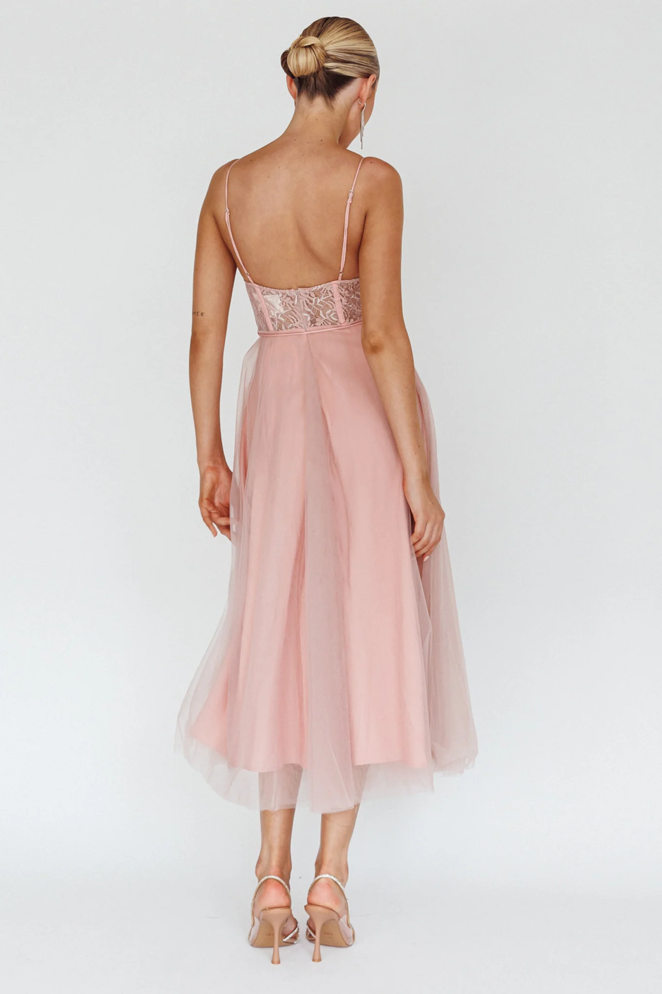 Trophy Lace Bodice Mesh Midi Dress Blush