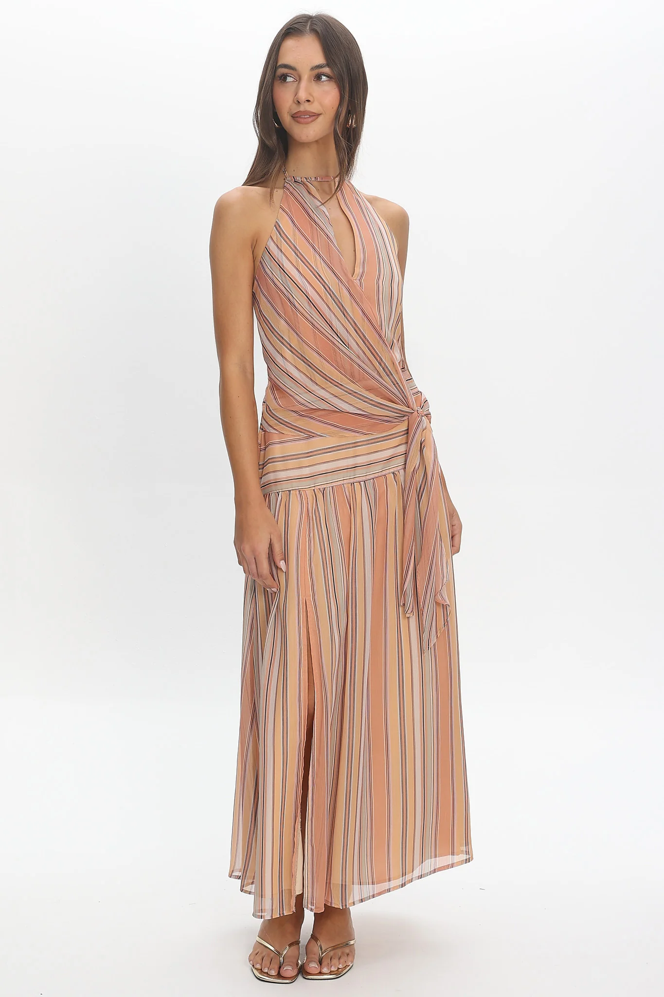 Indigo Morning Tied Back Maxi Dress Stripe Sunset - luluinthesky