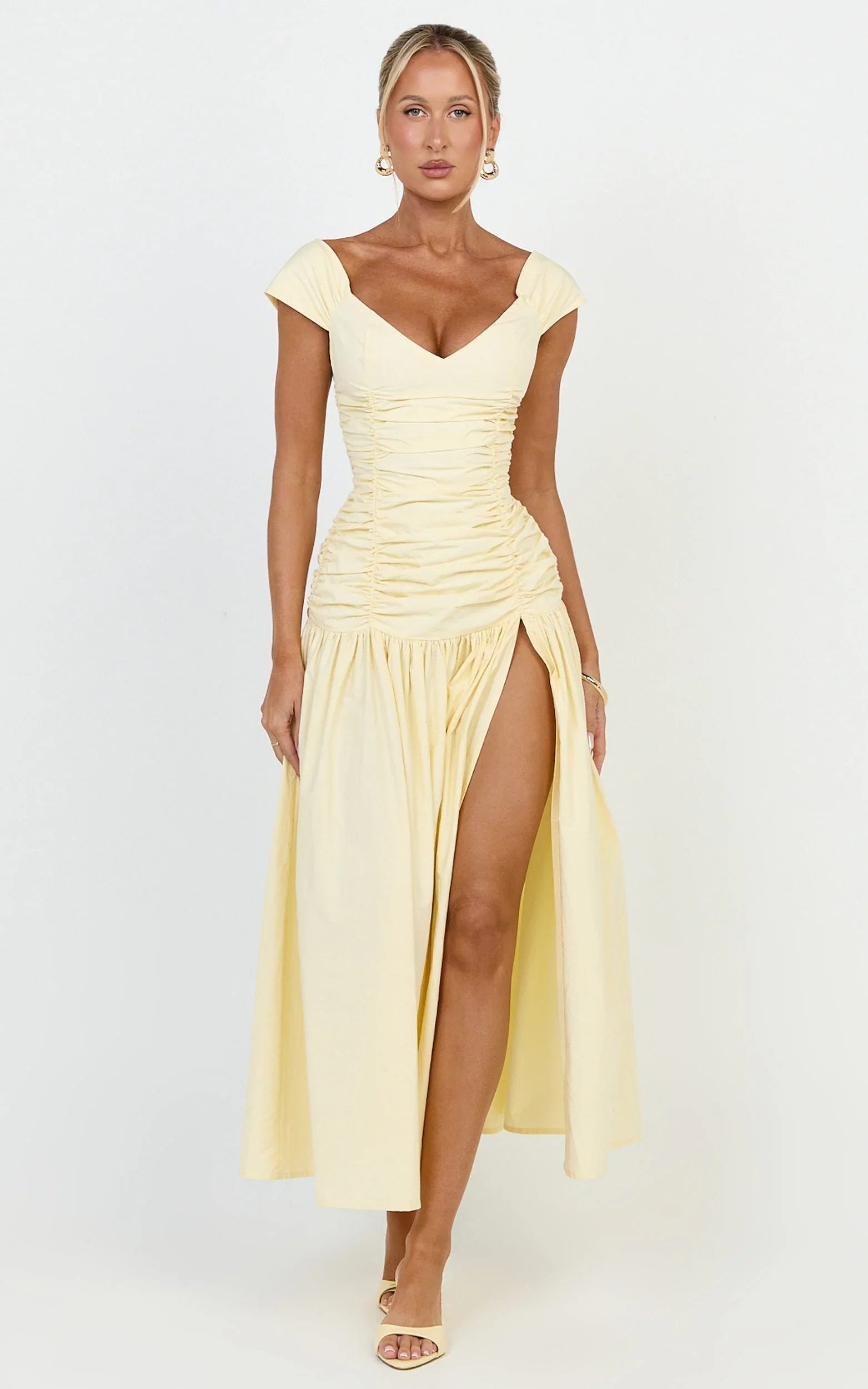Saphira Midi Dress - Off Shoulder Plunge Frill Hem Dress in Lemon