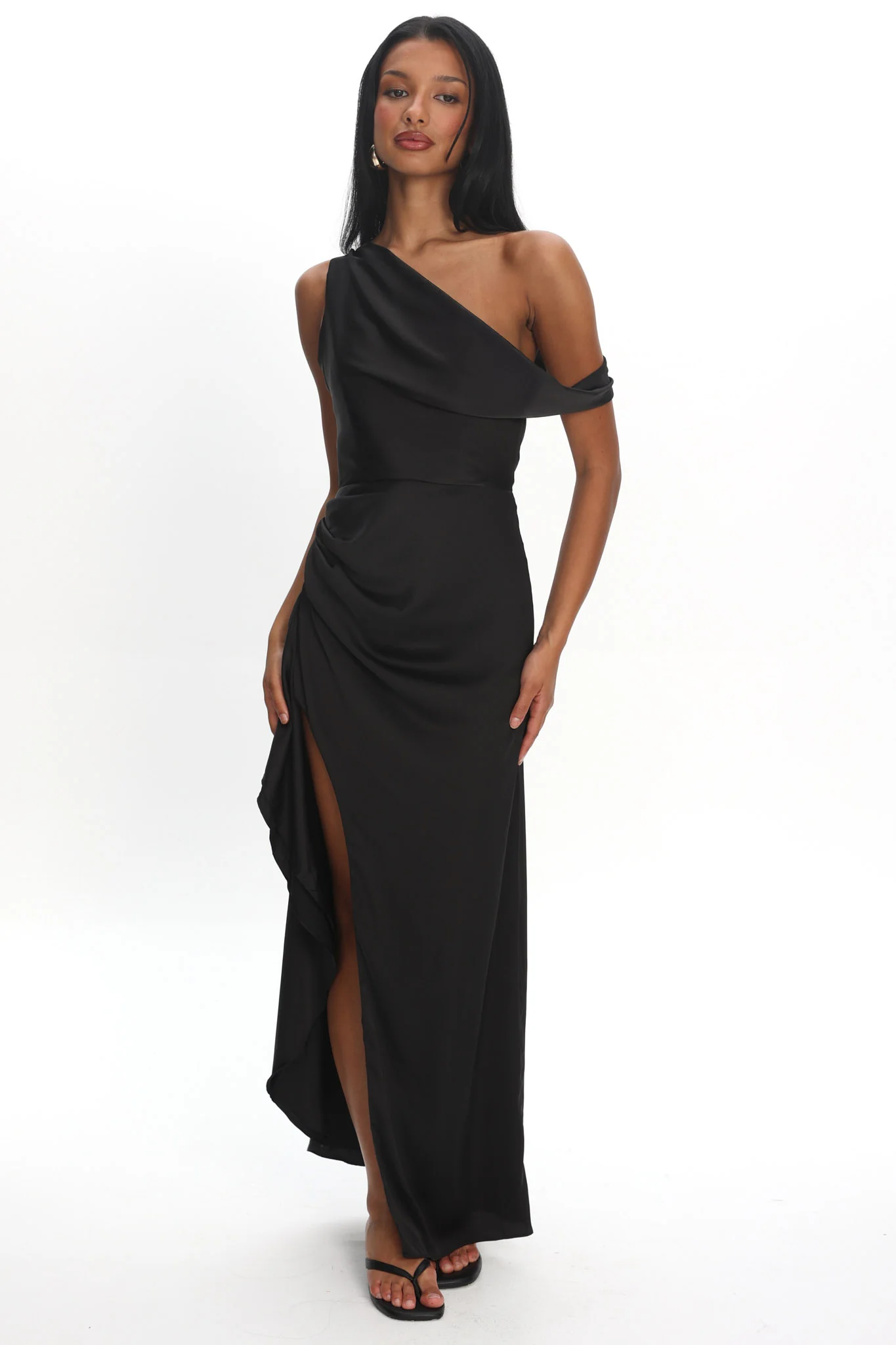 Sensations Off Shoulder Satin Maxi Dress Black
