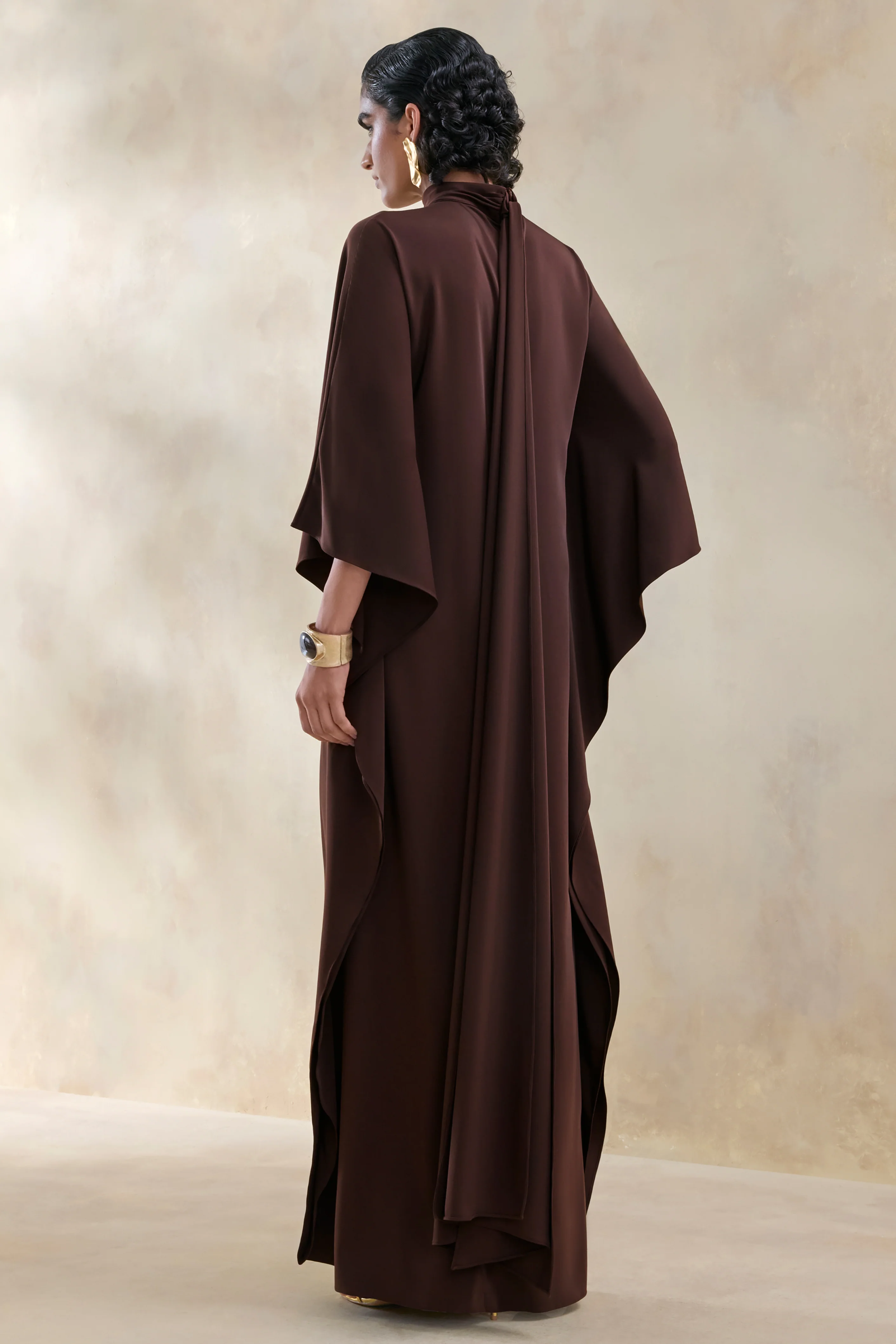 Lumisette | Brown Satin High-Neck Maxi Dress With Cape