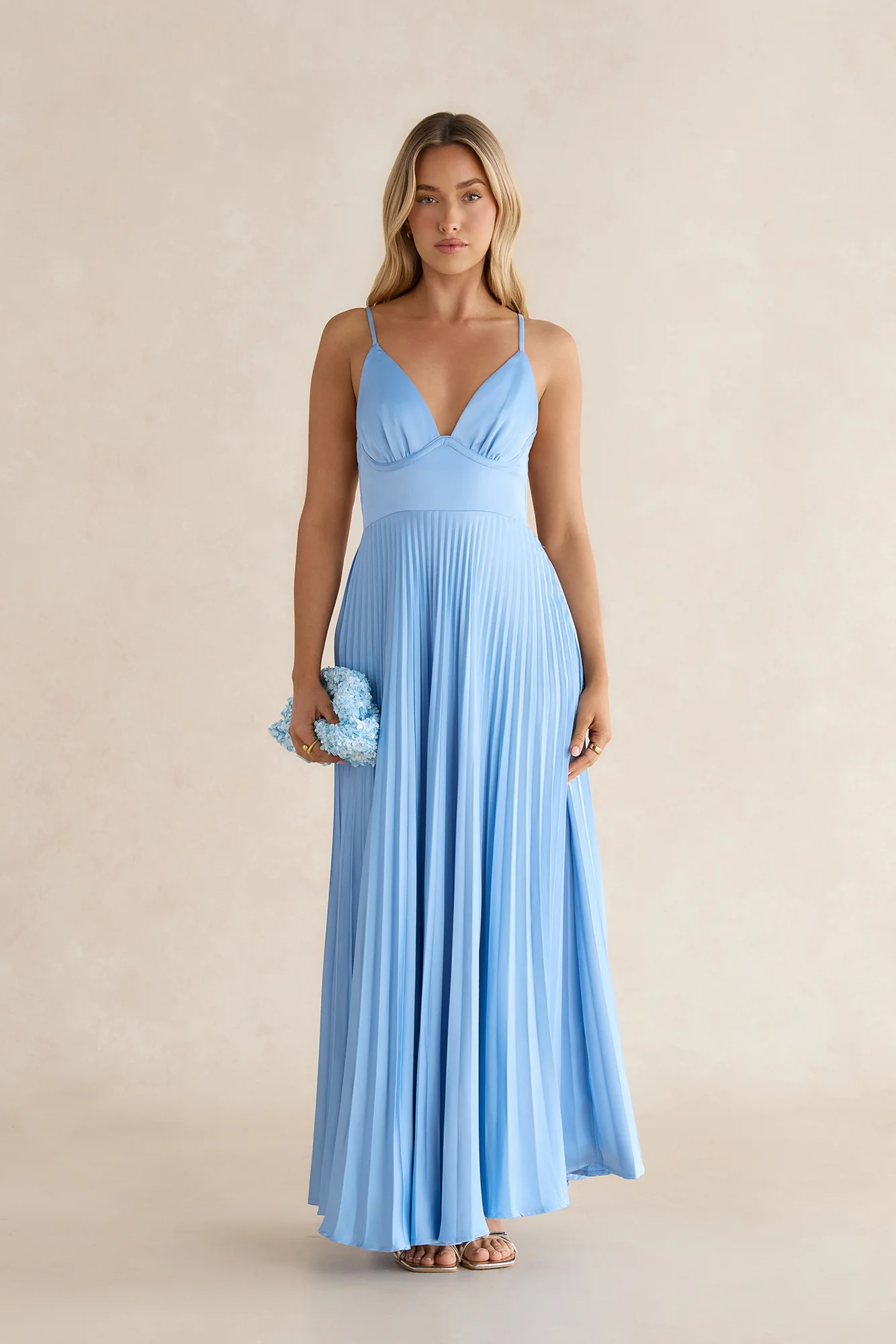 Ray Of Sunlight Plisse Satin Maxi Dress Blue