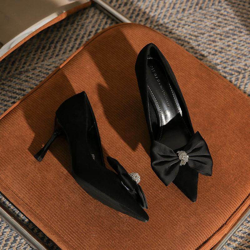Black Suede Bowknot Pointy Stiletto Heels 746813568399