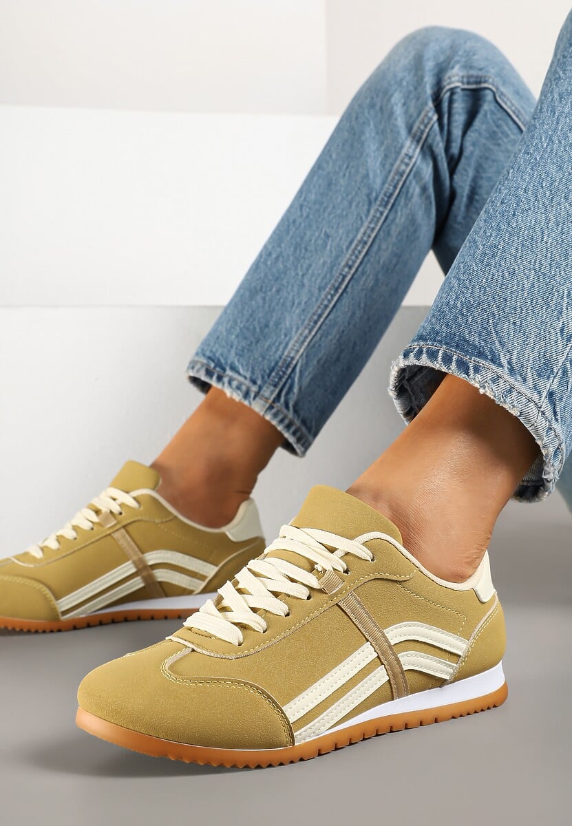 Jasnozielone Sneakersy przed Kostkę z Paskami na Cholewce Deniffia