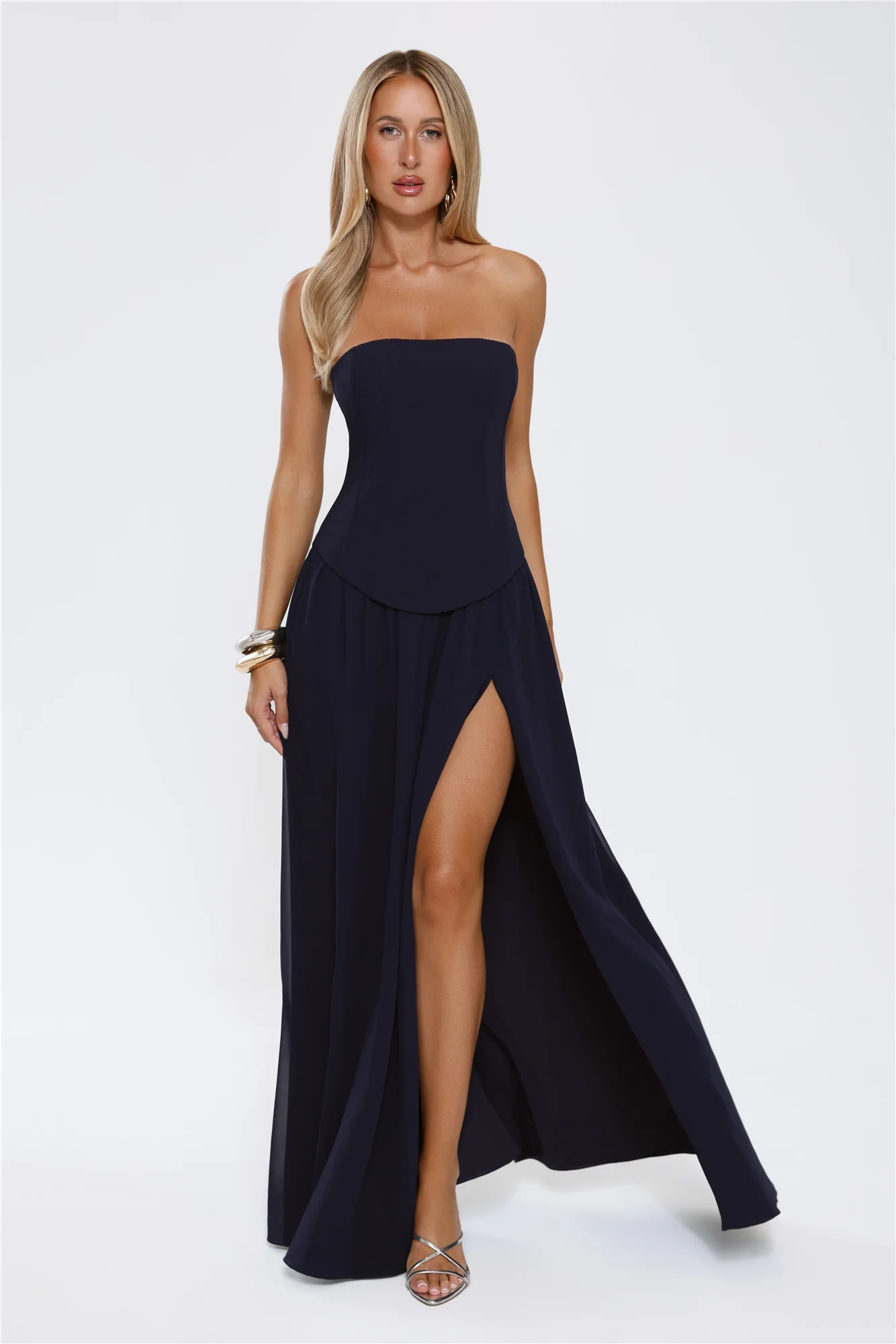 Sophisticated Luxe Strapless Maxi Dress Navy