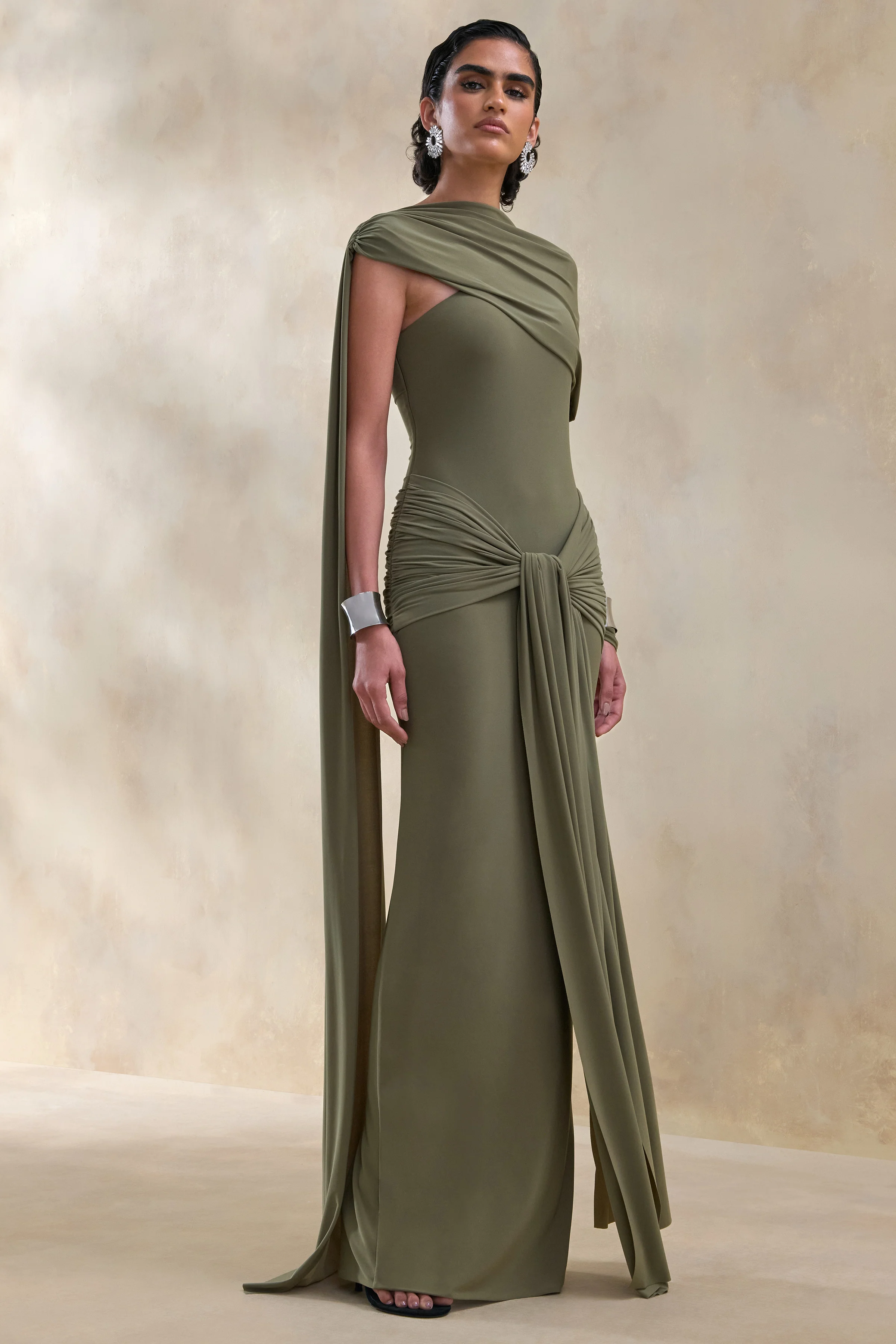 Trisara | Olive Asymmetric-Neck Maxi Dress With Gathered-Detailing And Sash