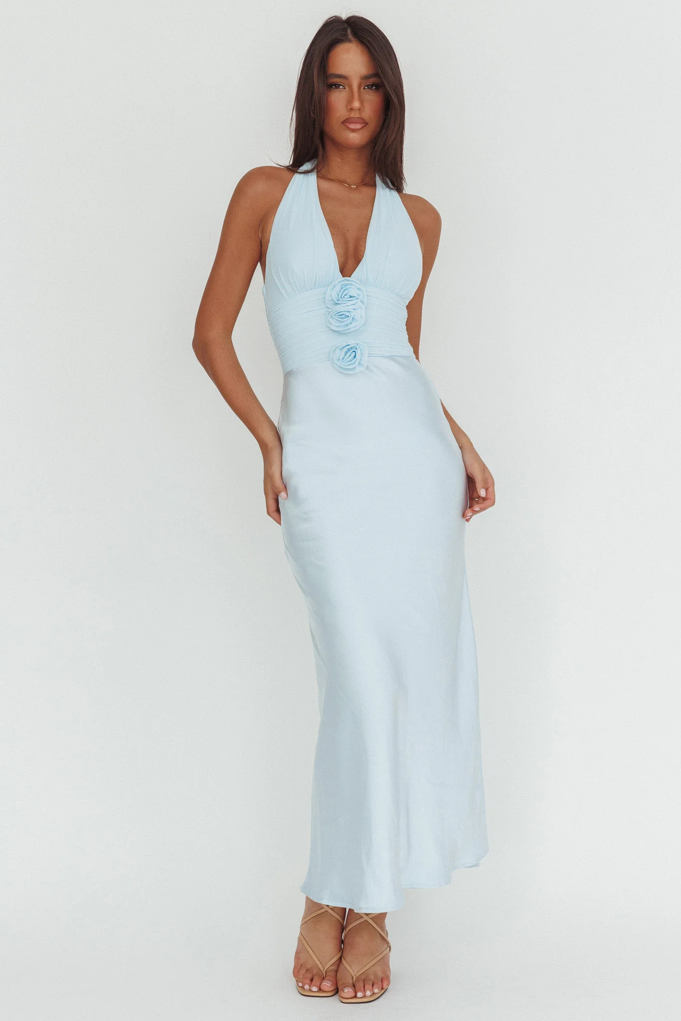 Heliora Halterneck Rosette Bust Maxi Dress Ice Blue