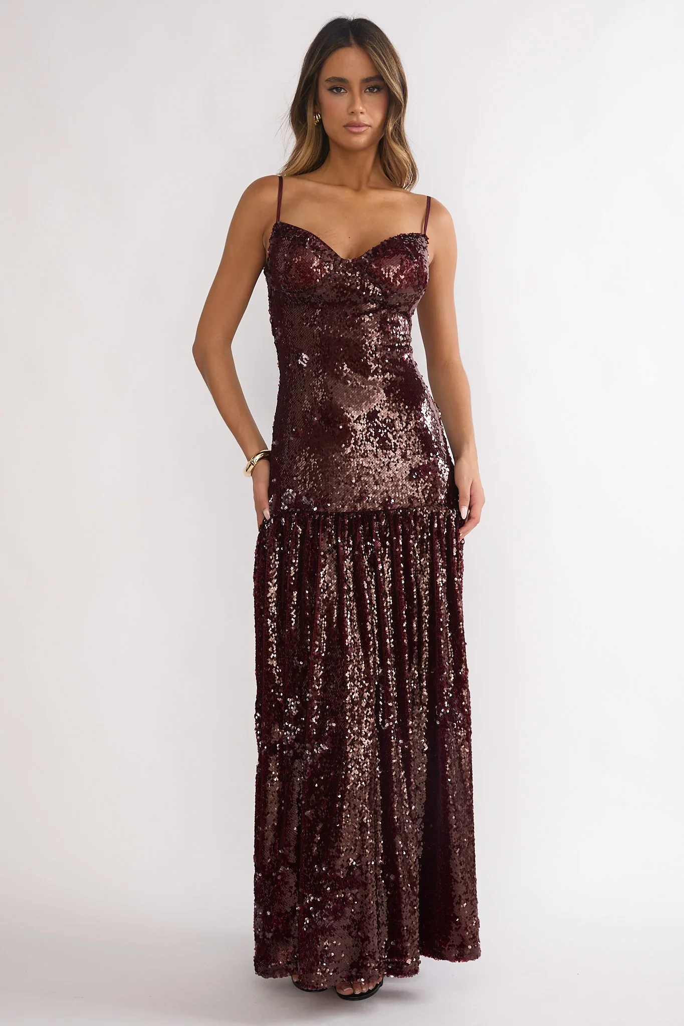 Miller Drop Waist Sequin Maxi Dress Burgundy
