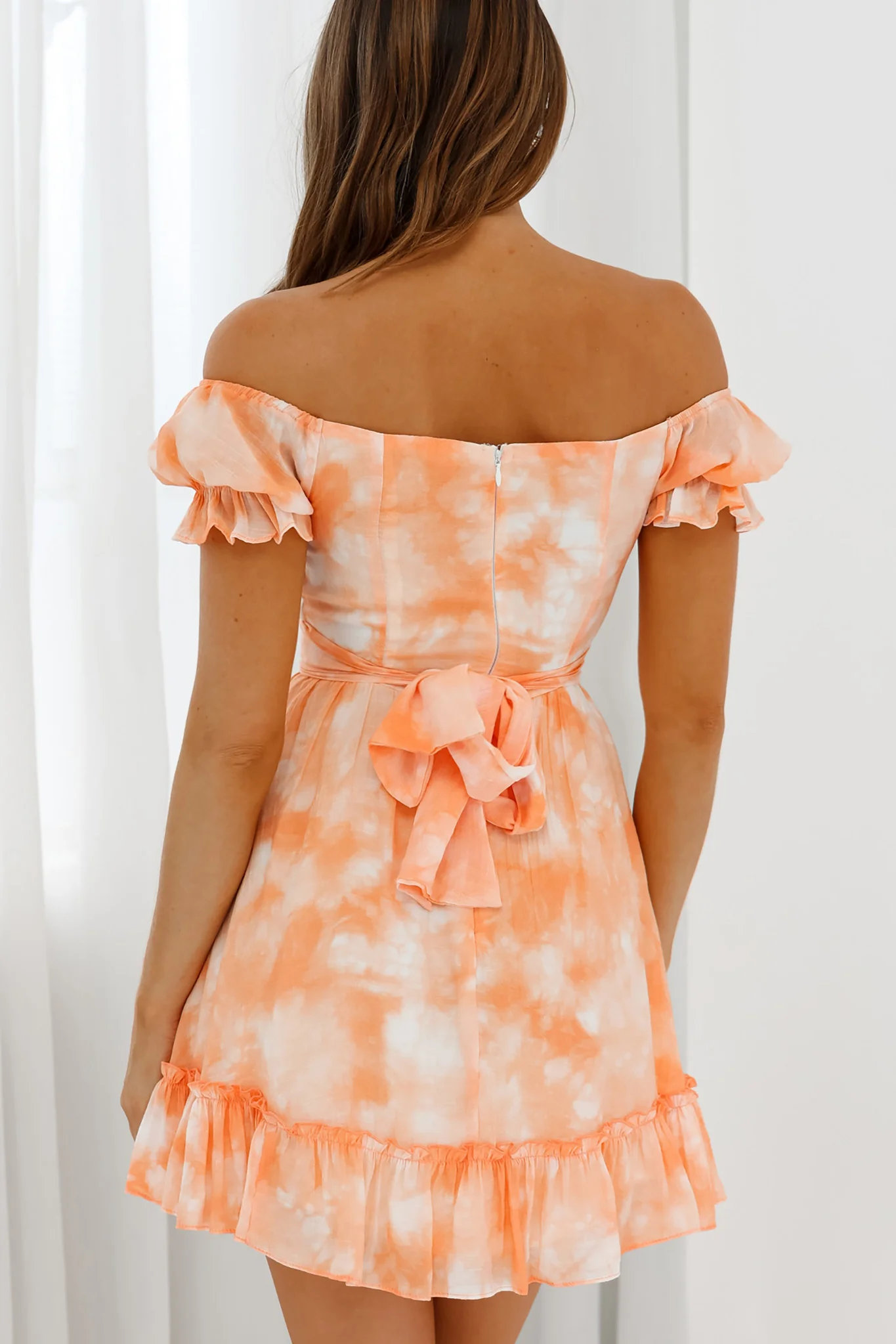 Linka Off-Shoulder Tie Back Dress Marbled Tie-Dye Orange