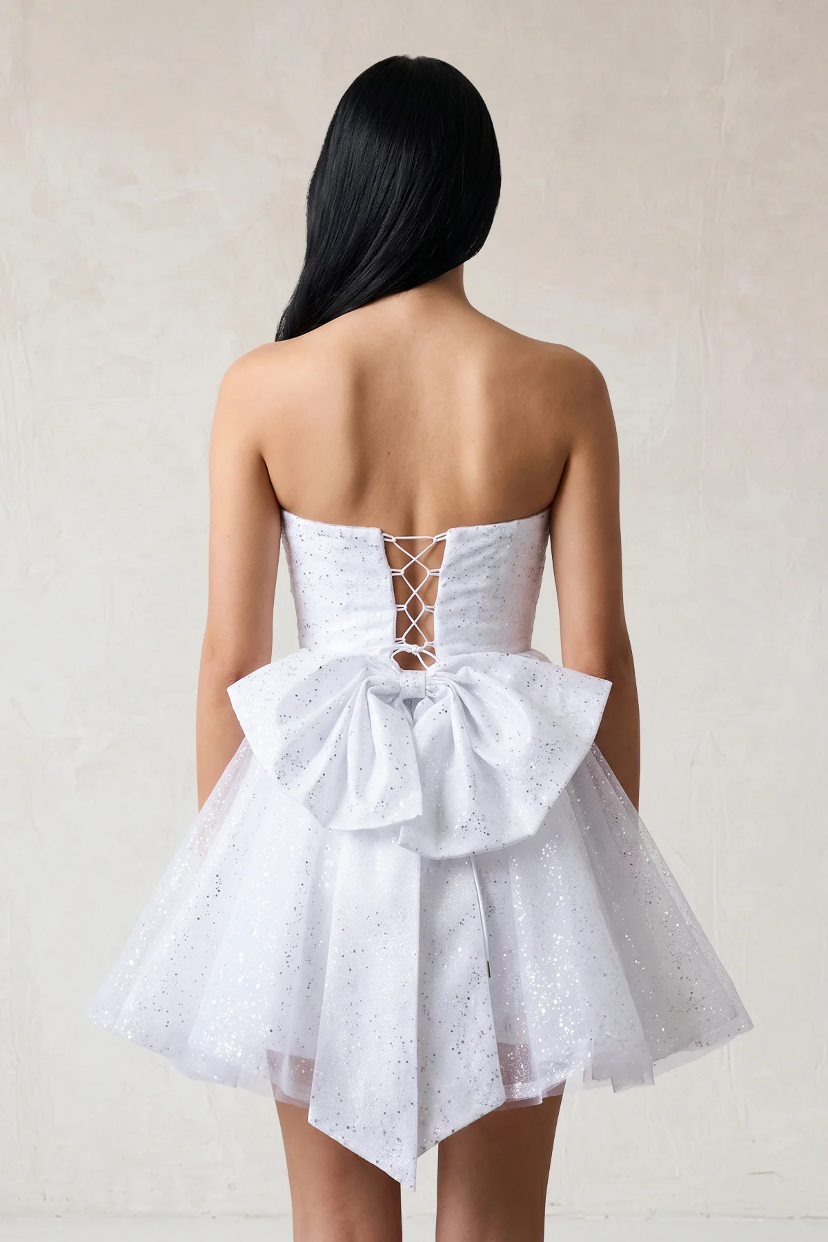 White A Line Strapless Glitter Tulle Ruffled Homecoming Dresses with Bow