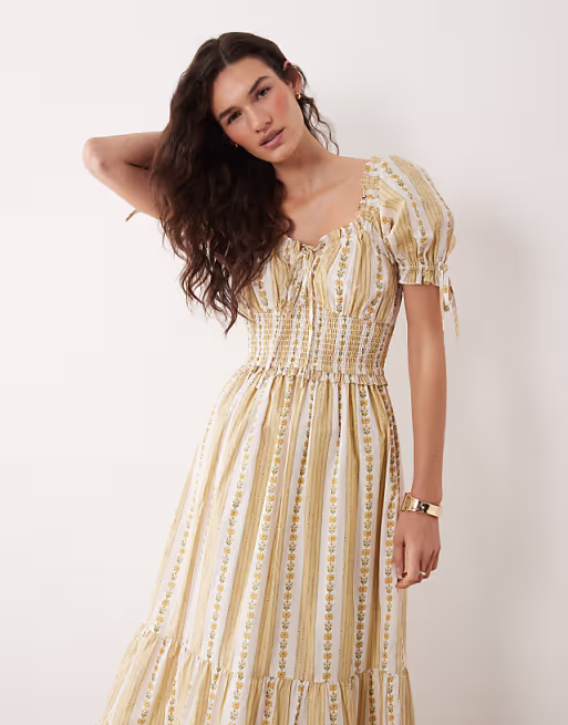 Miss Selfridge milkmaid corset detailing midaxi dress in vintage wallpaper