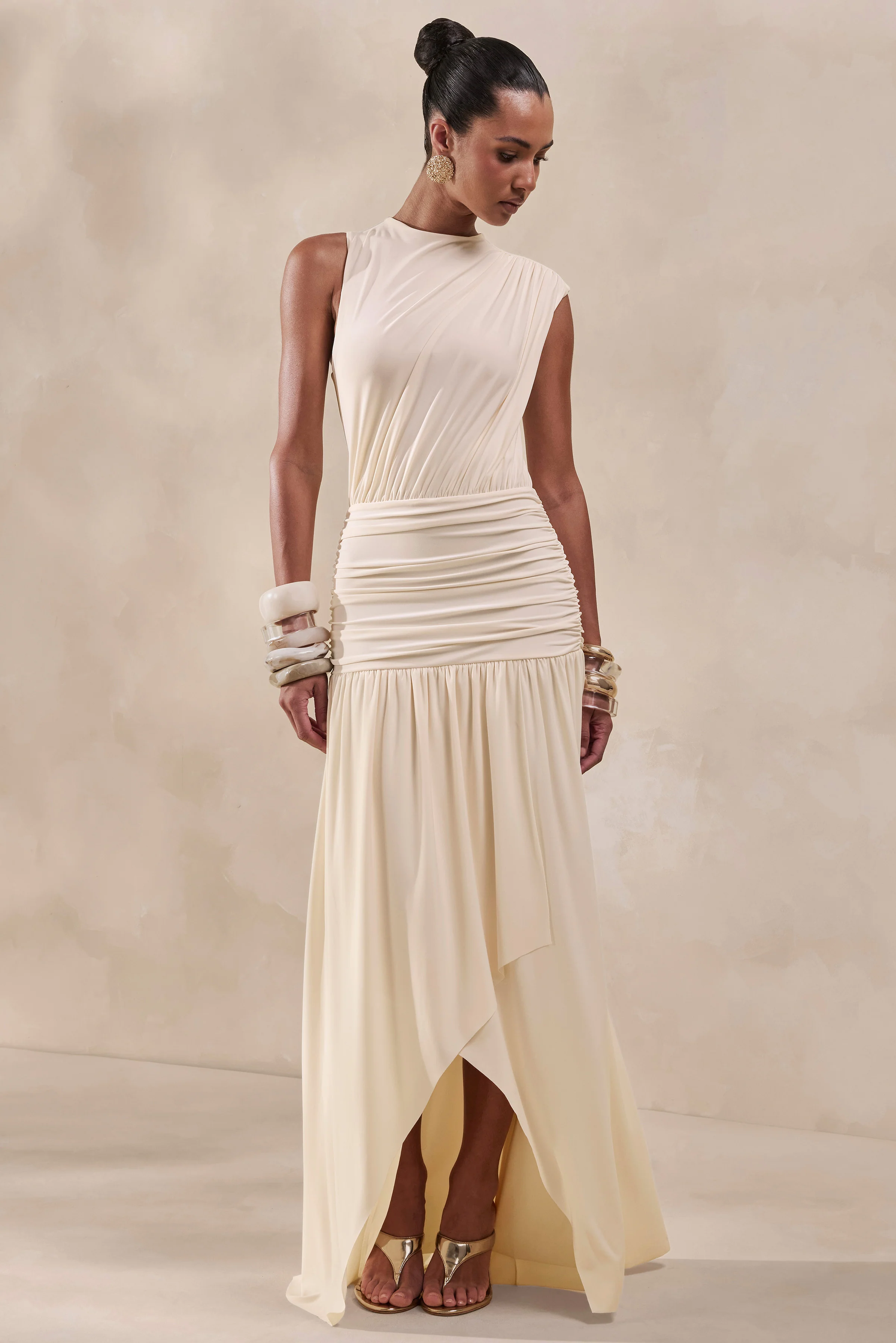 Myssara | Cream High-Neck Maxi Dress Gathered-Detailing