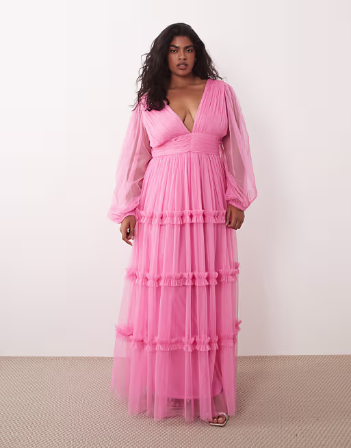 Lace & Beads Plus tulle plunge neck ruffle trim tiered maxi dress in pink