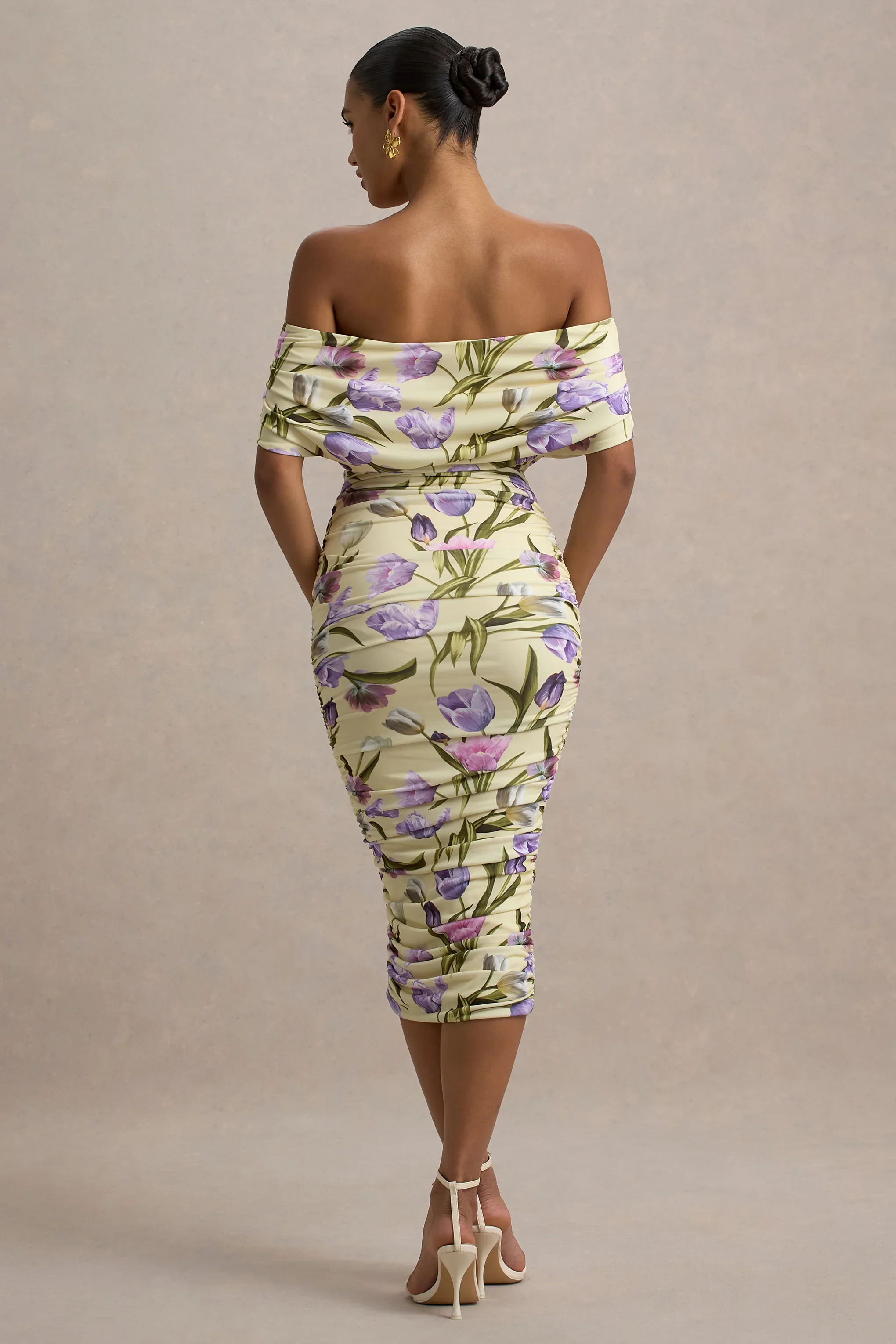 Rayleigh | Tulip Floral Print  Bardot Ruched Midi Dress