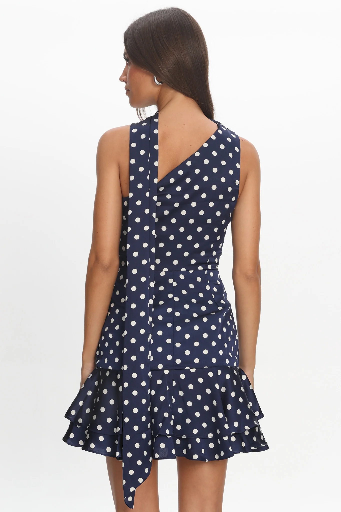 Truett One-Shoulder Sash Mini Dress Polka Dot Navy - luluinthesky