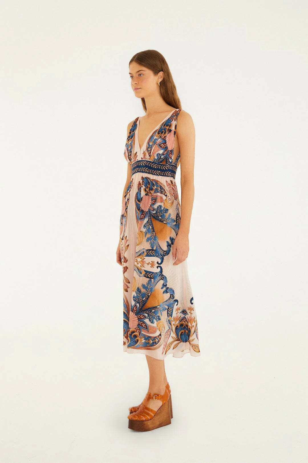 Soft Pink Garden Scarf V Neck Midi Dress