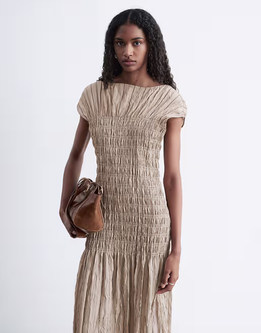 & Other Stories ruched crinkle maxi dress in beige