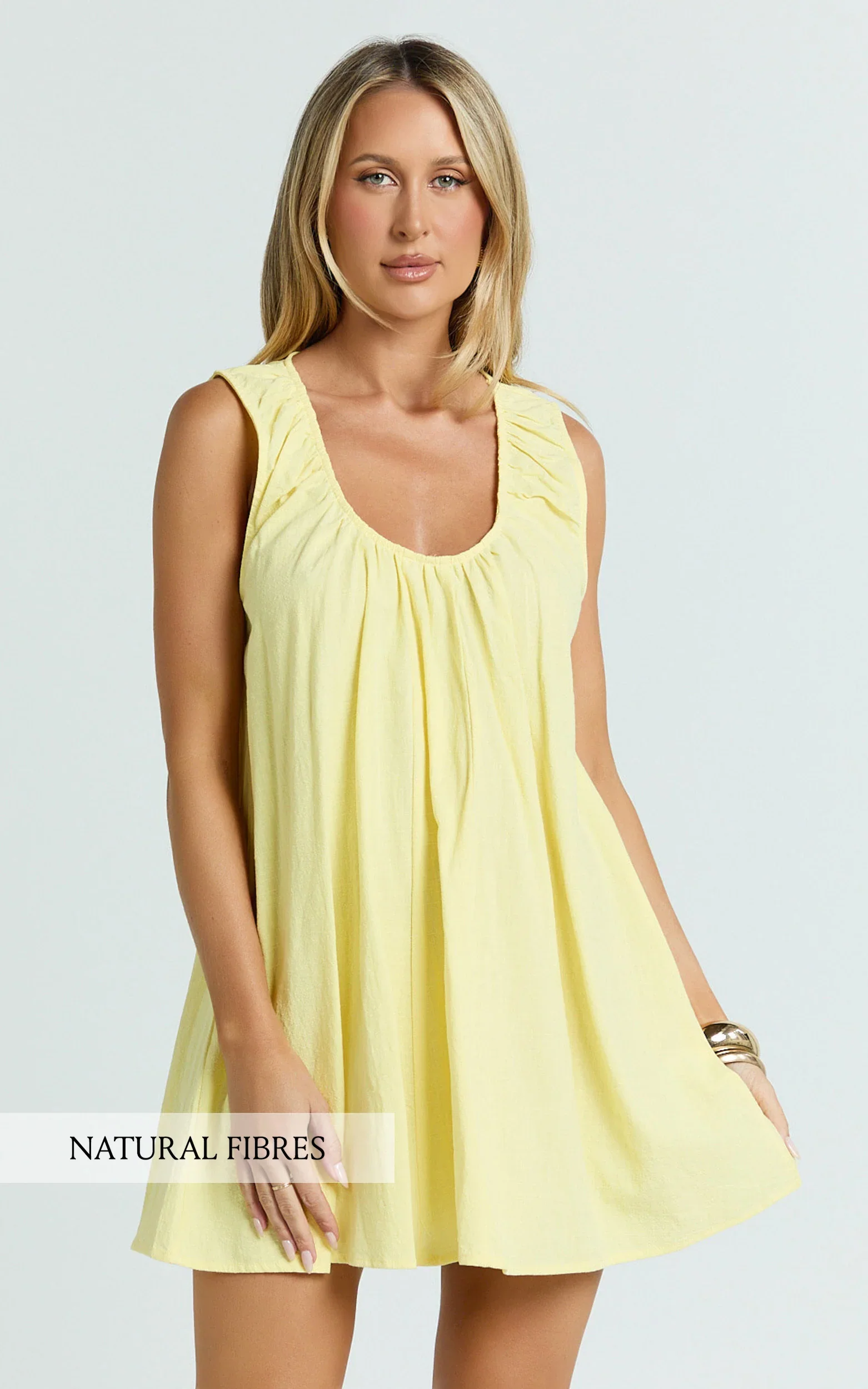 Lucinda Mini Dress - Deep U Gathered Neck Smock Dress in Lemon