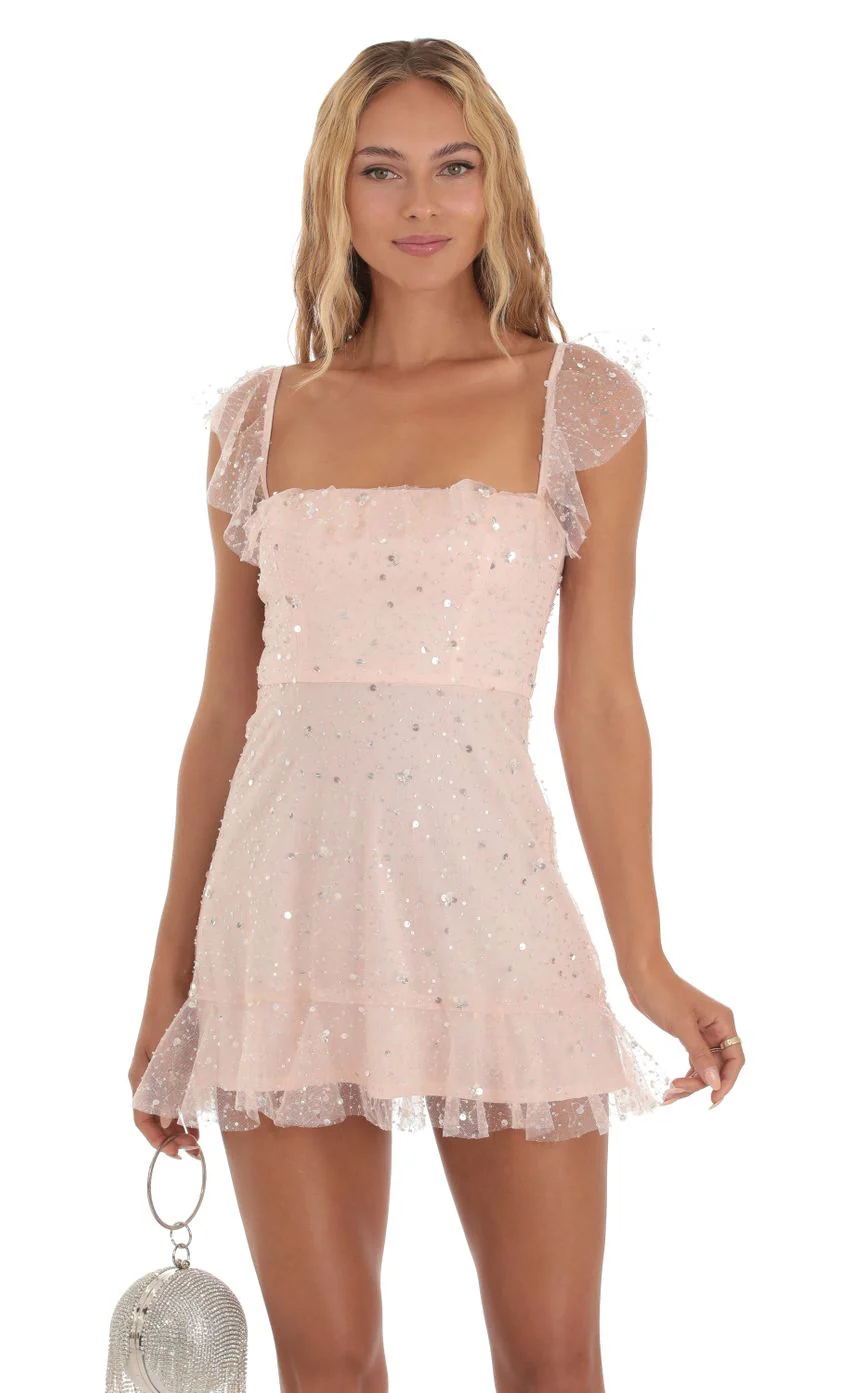 Celosia Sequin Shimmer Ruffle Dress in Pink - luluinthesky