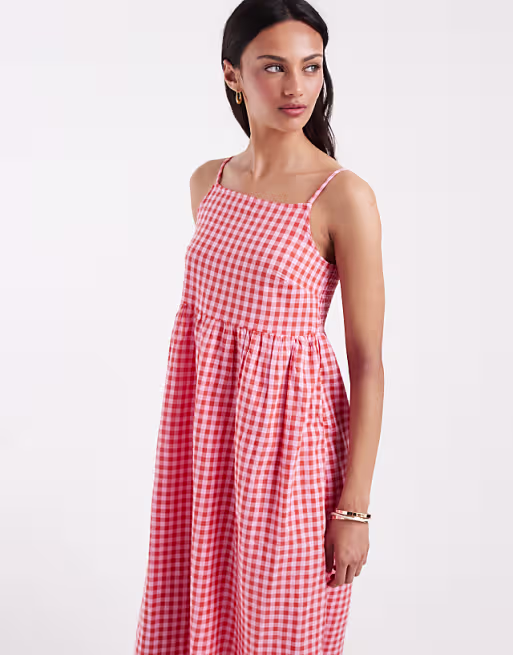 PIECES seersucker cami maxi dress in pink and red gingham print