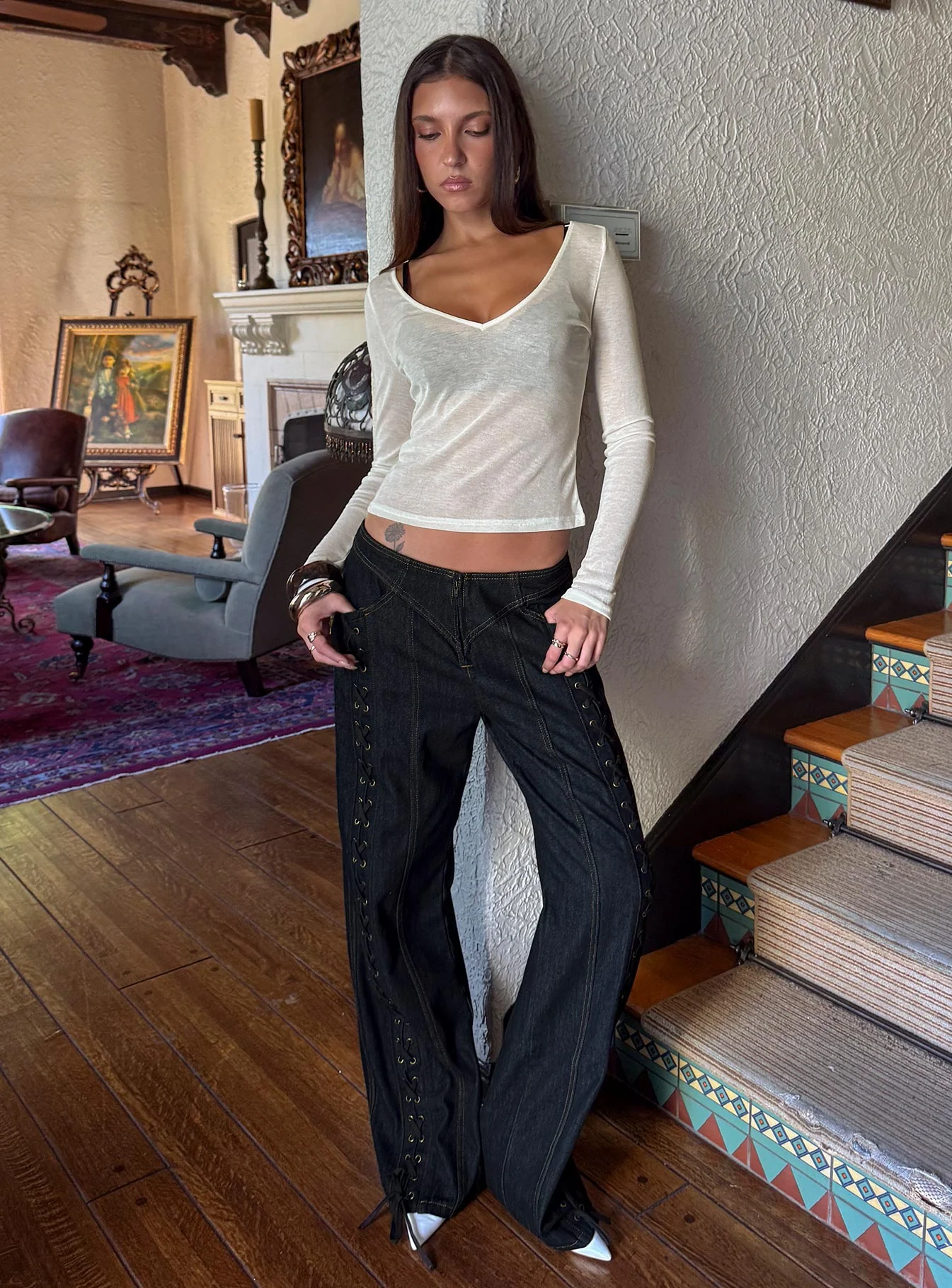 Kaiyah Sheer V Neck Long Sleeve Top White