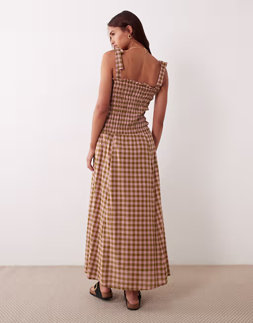 Esmée tie strap beach maxi dress in pink & green gingham