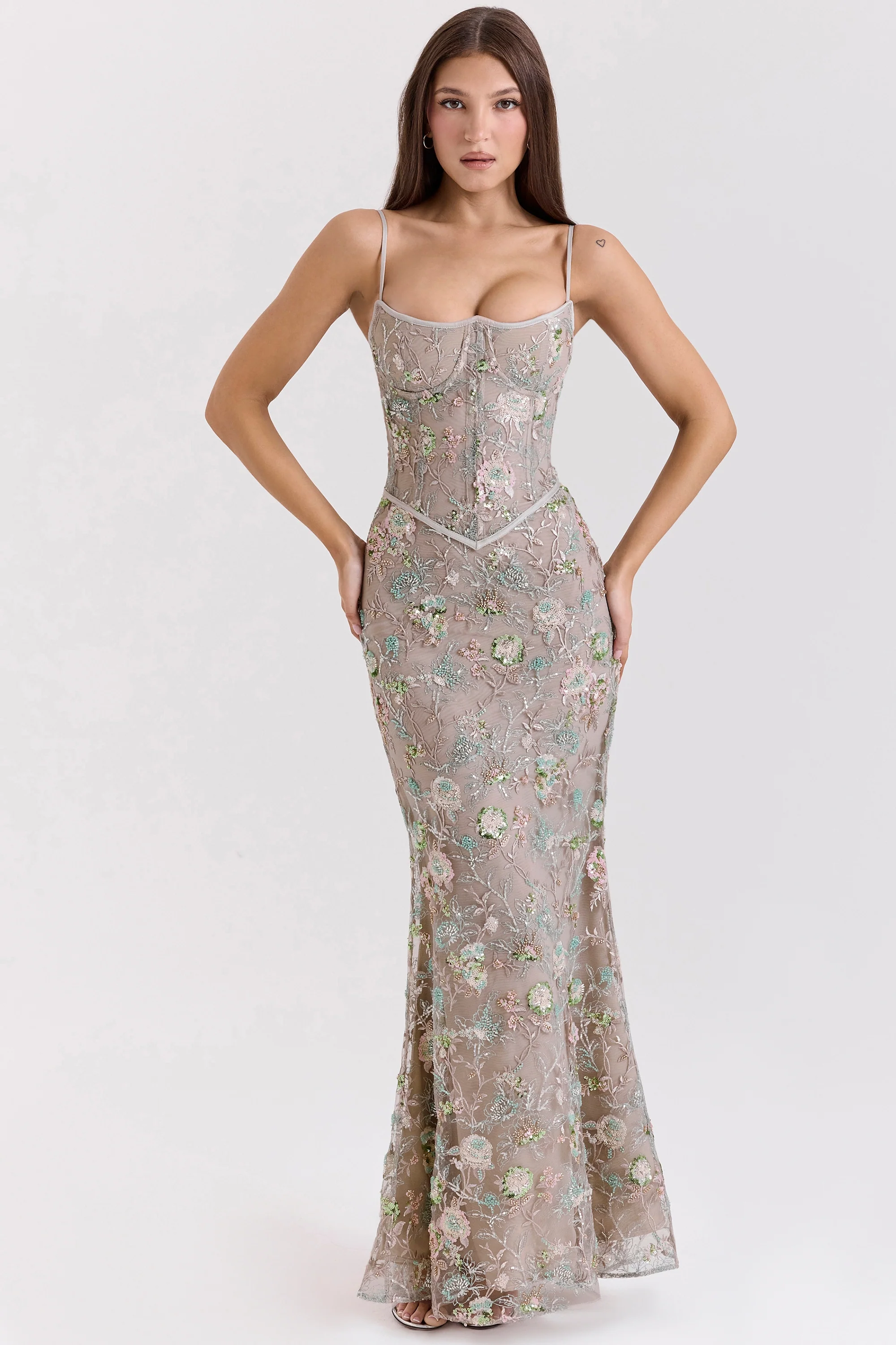 Silver Embellished Beaded Corset Maxi Dress