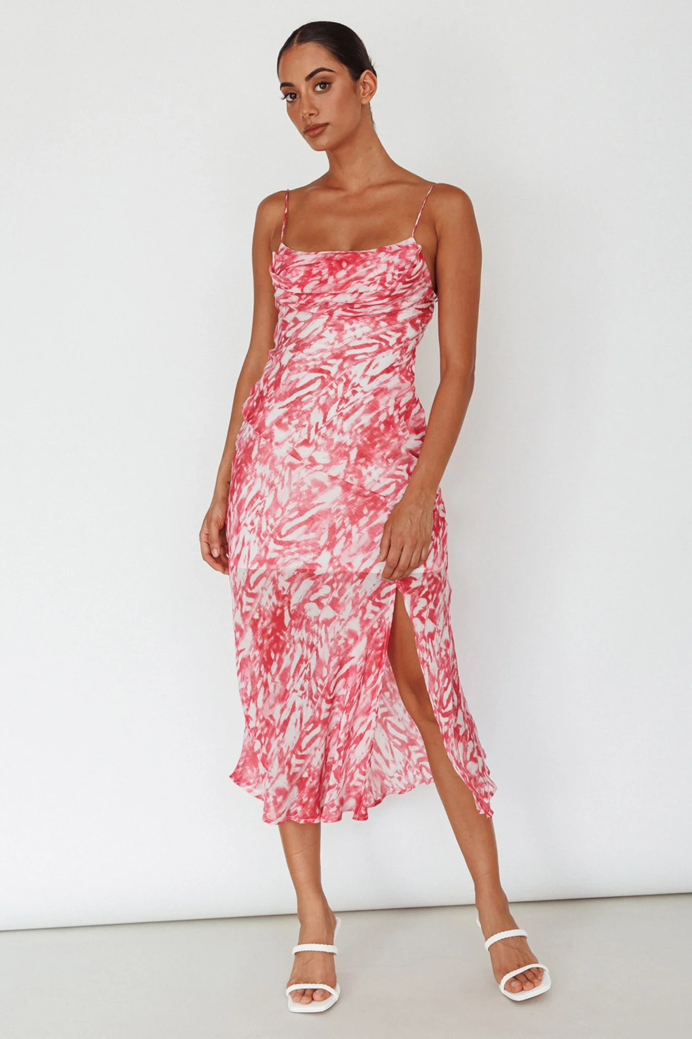 Well Versed Pleated Bust Front Split Dress Swirl Fuchsia